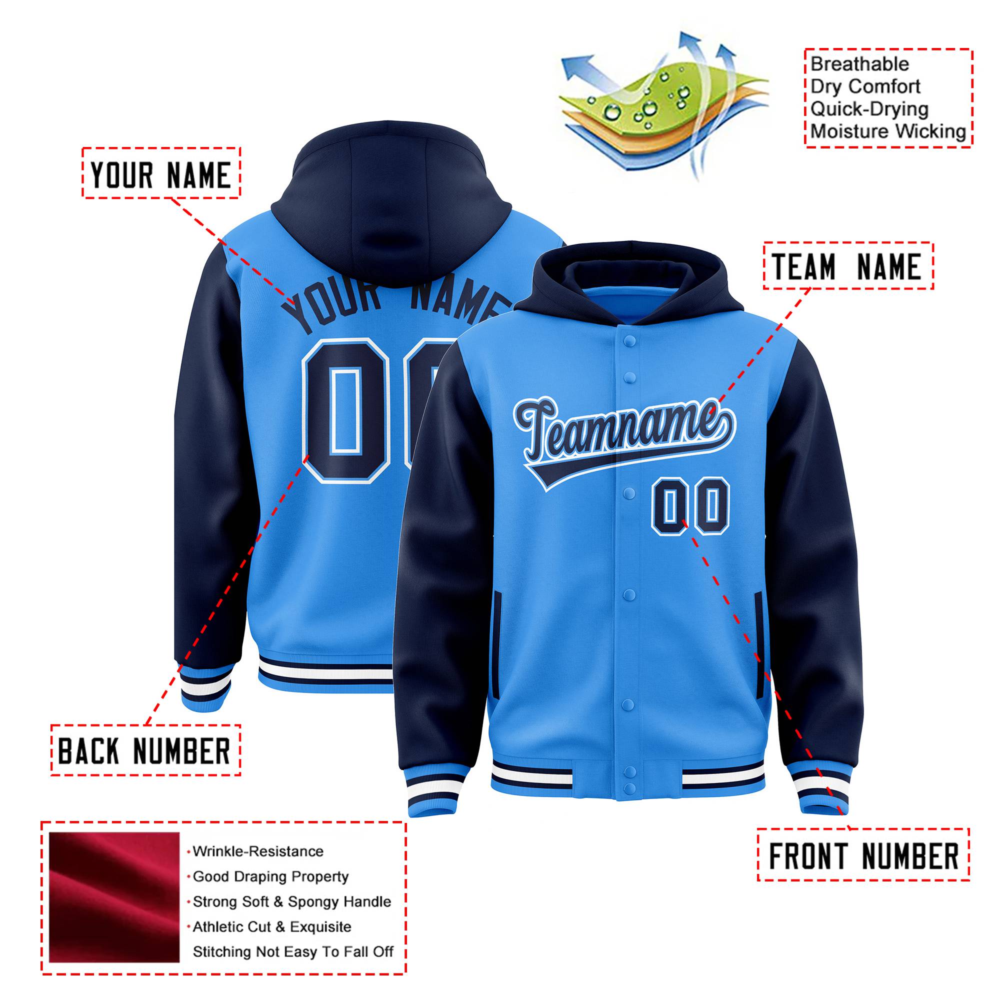 Custom Powder Blue Navy Raglan Sleeves Varsity Full-Snap Letterman Two Tone Hoodie Jacket