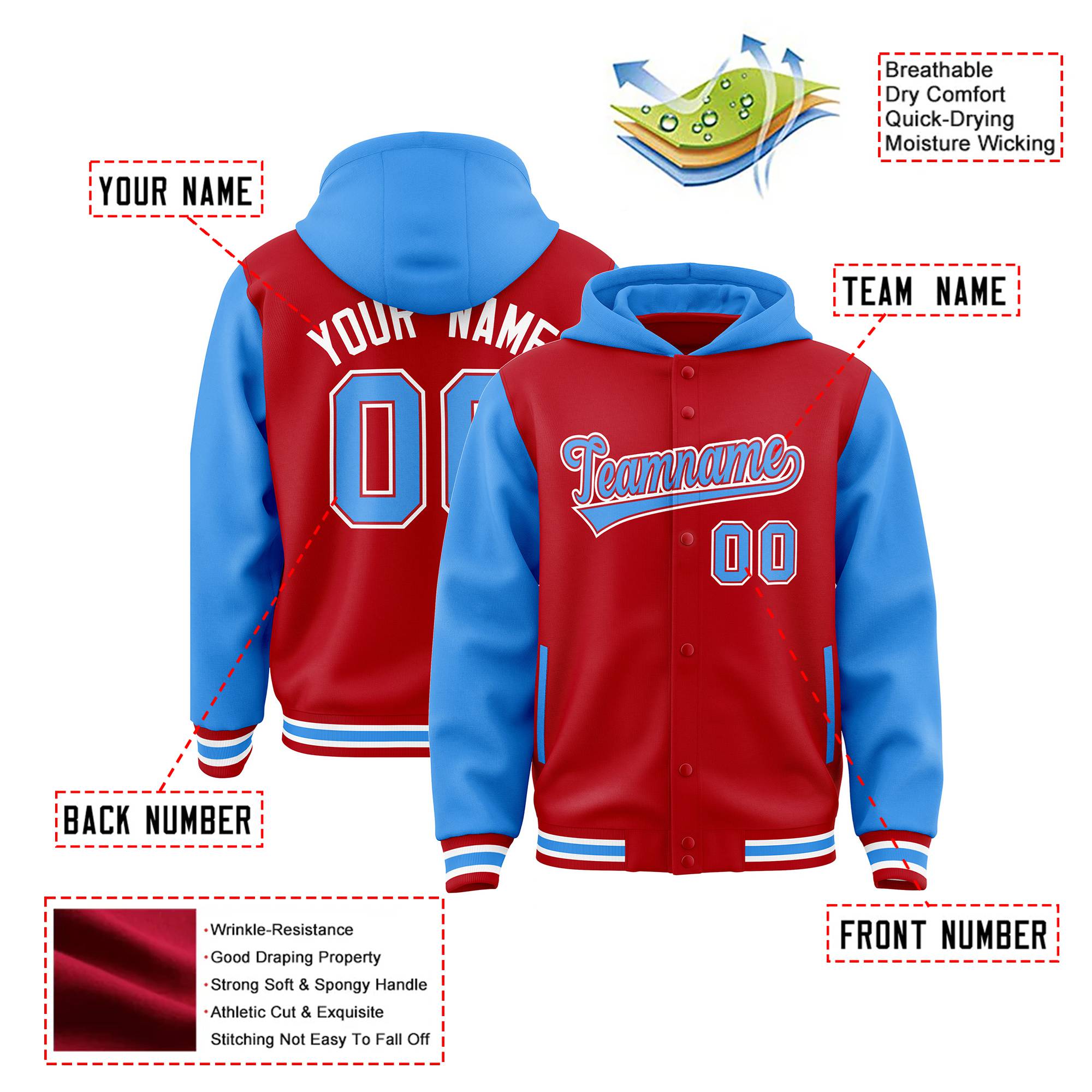 Custom Red Powder Blue Raglan Sleeves Varsity Full-Snap Letterman Two Tone Hoodie Jacket