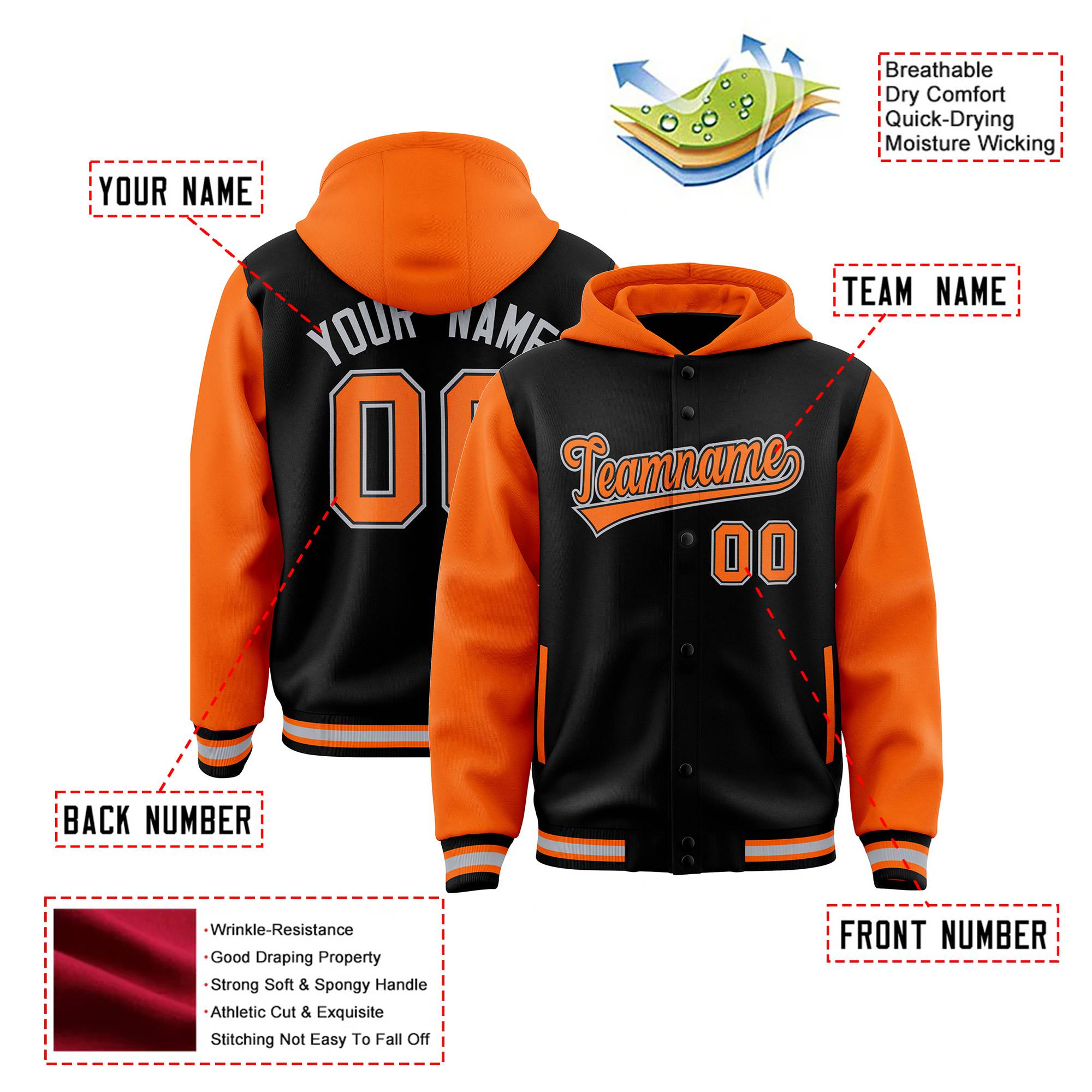 Custom Black Orange Raglan Sleeves Varsity Full-Snap Letterman Two Tone Hoodie Jacket