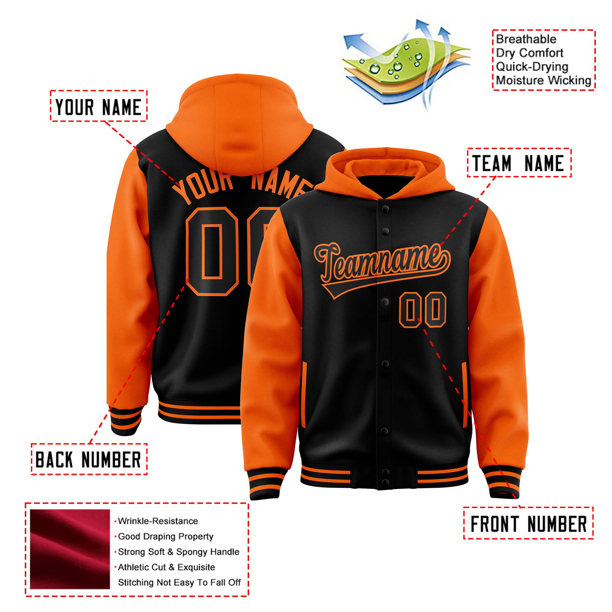 Custom Black Orange Raglan Sleeves Varsity Full-Snap Letterman Two Tone Hoodie Jacket