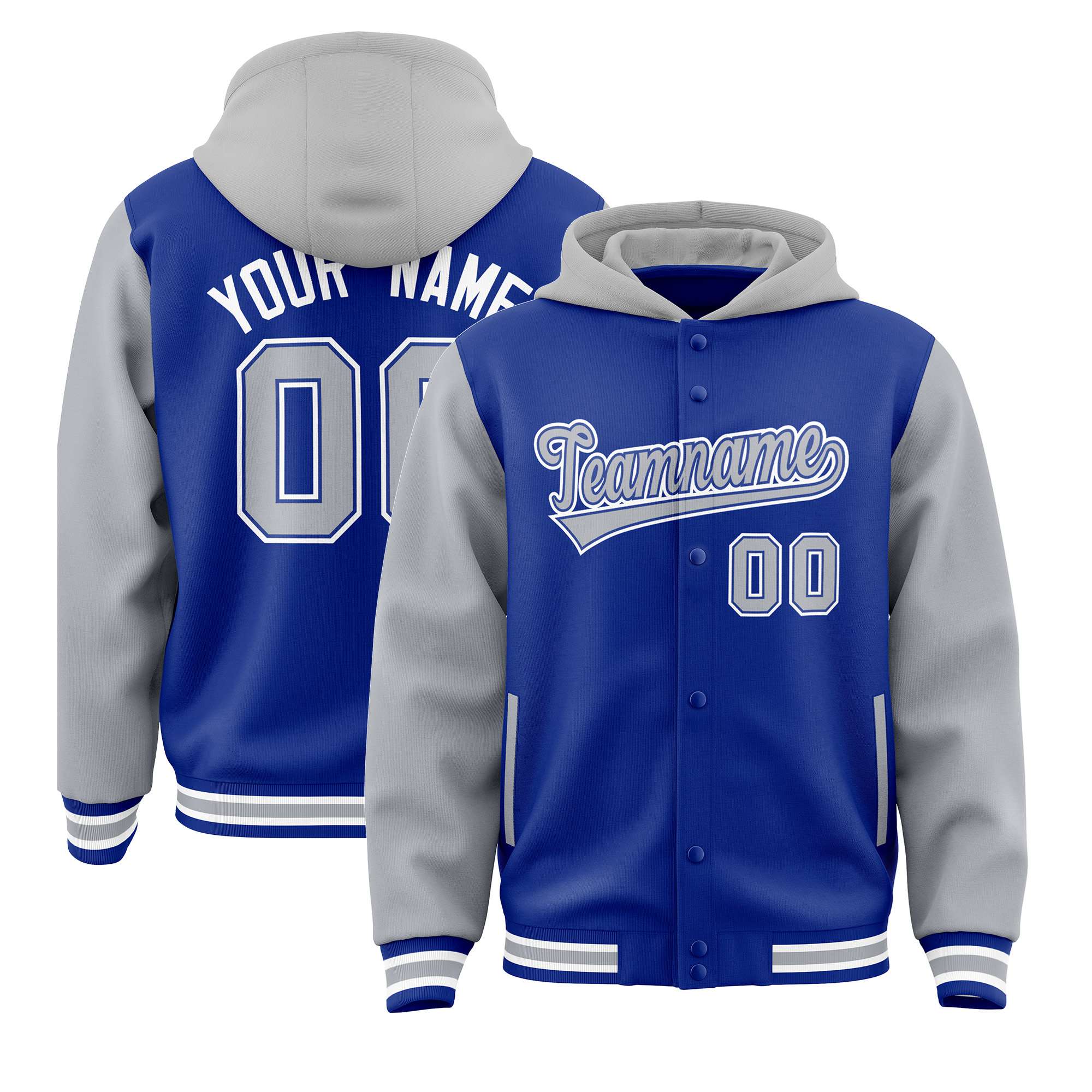 Custom Royal Blue Gray Raglan Sleeves Varsity Full-Snap Letterman Two Tone Hoodie Jacket