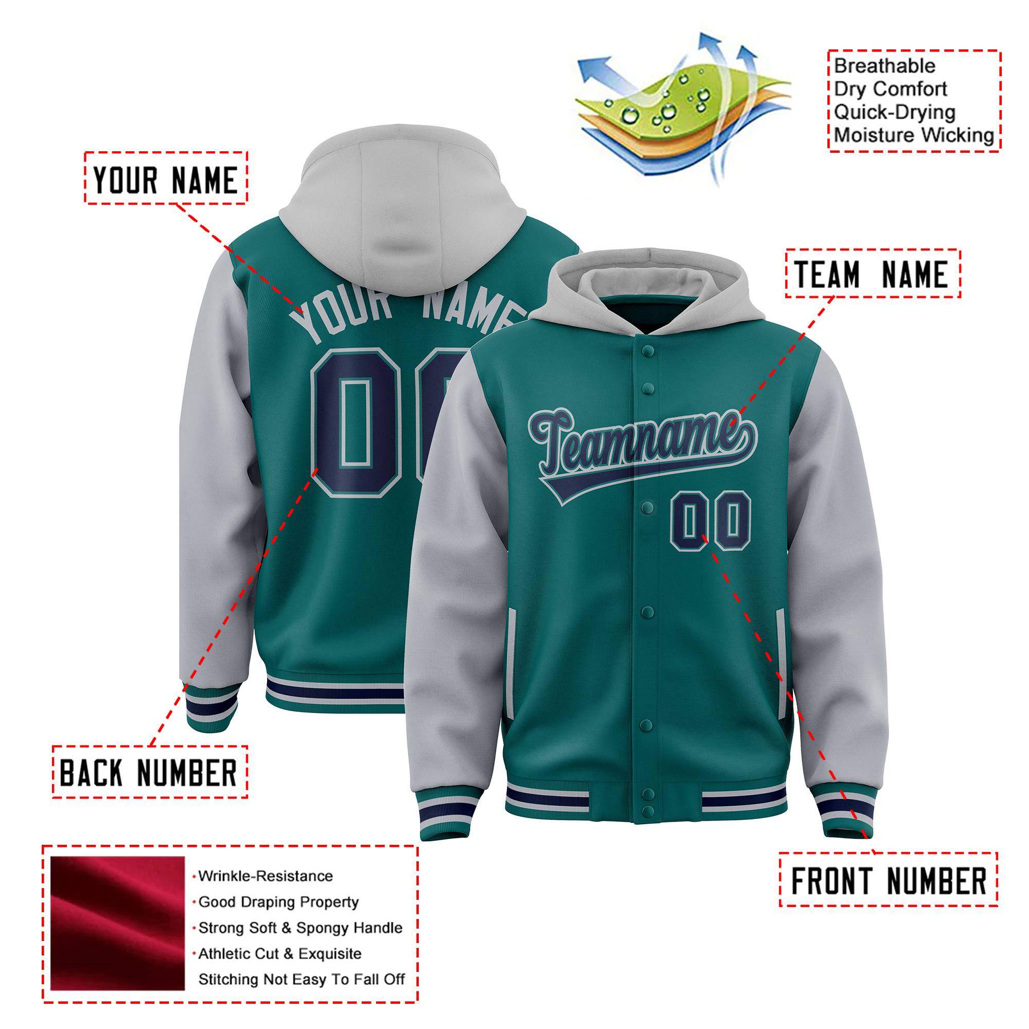 Custom Aqua Gray Raglan Sleeves Varsity Full-Snap Letterman Two Tone Hoodie Jacket