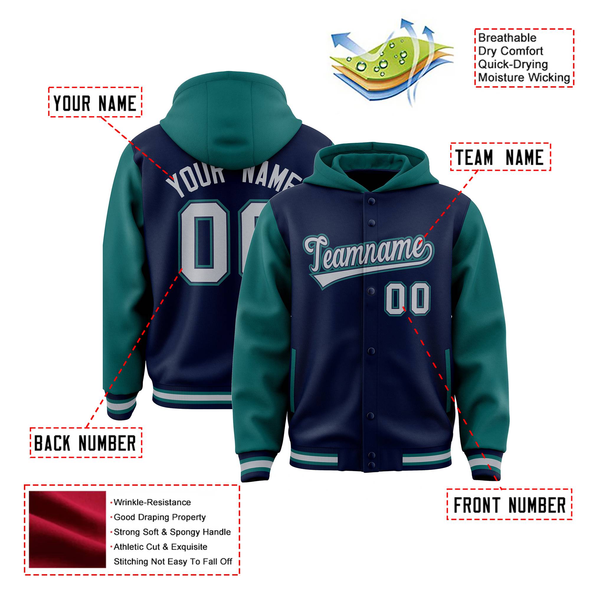 Custom Navy Aqua Raglan Sleeves Varsity Full-Snap Letterman Two Tone Hoodie Jacket