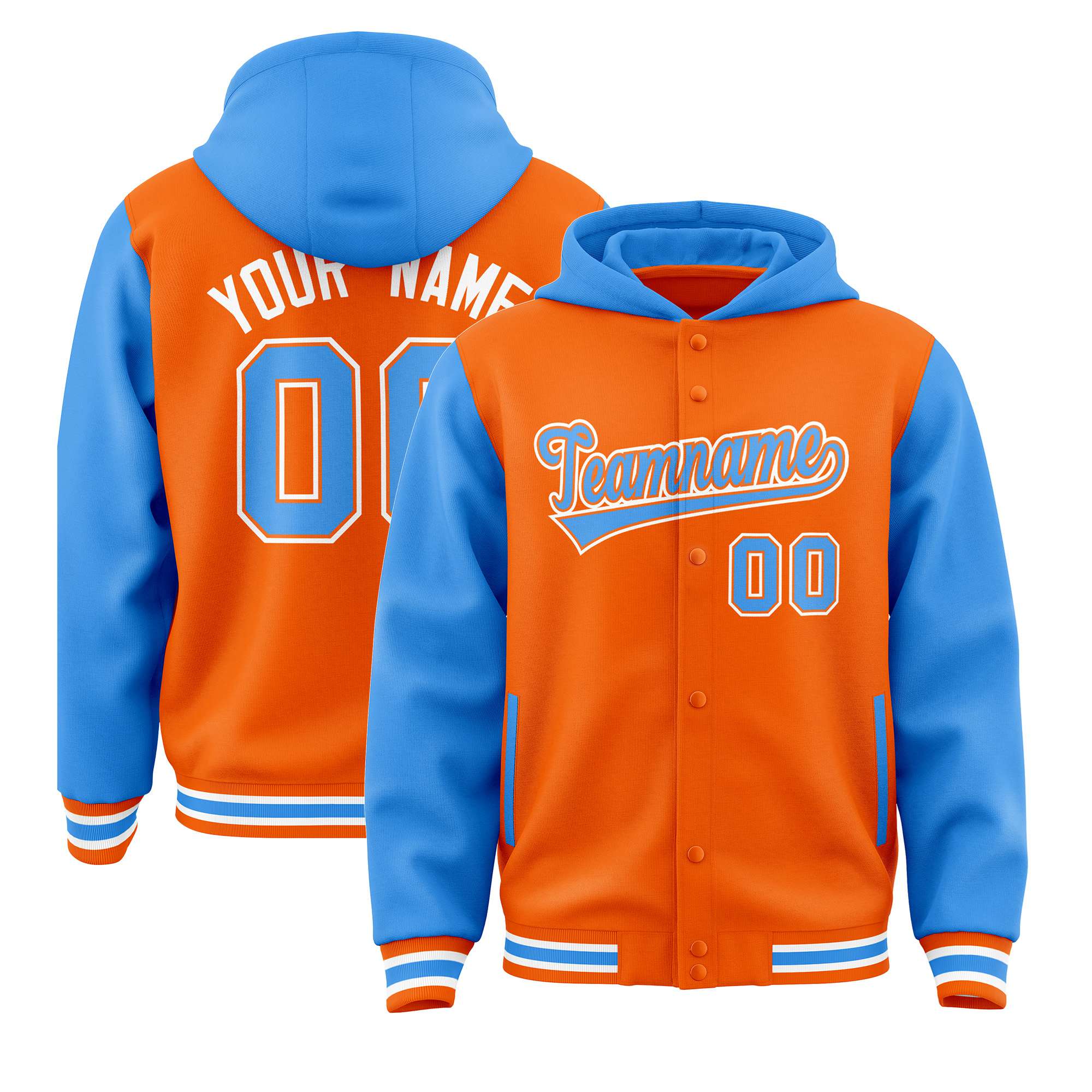 Custom Orange Powder Blue Raglan Sleeves Varsity Full-Snap Letterman Two Tone Hoodie Jacket