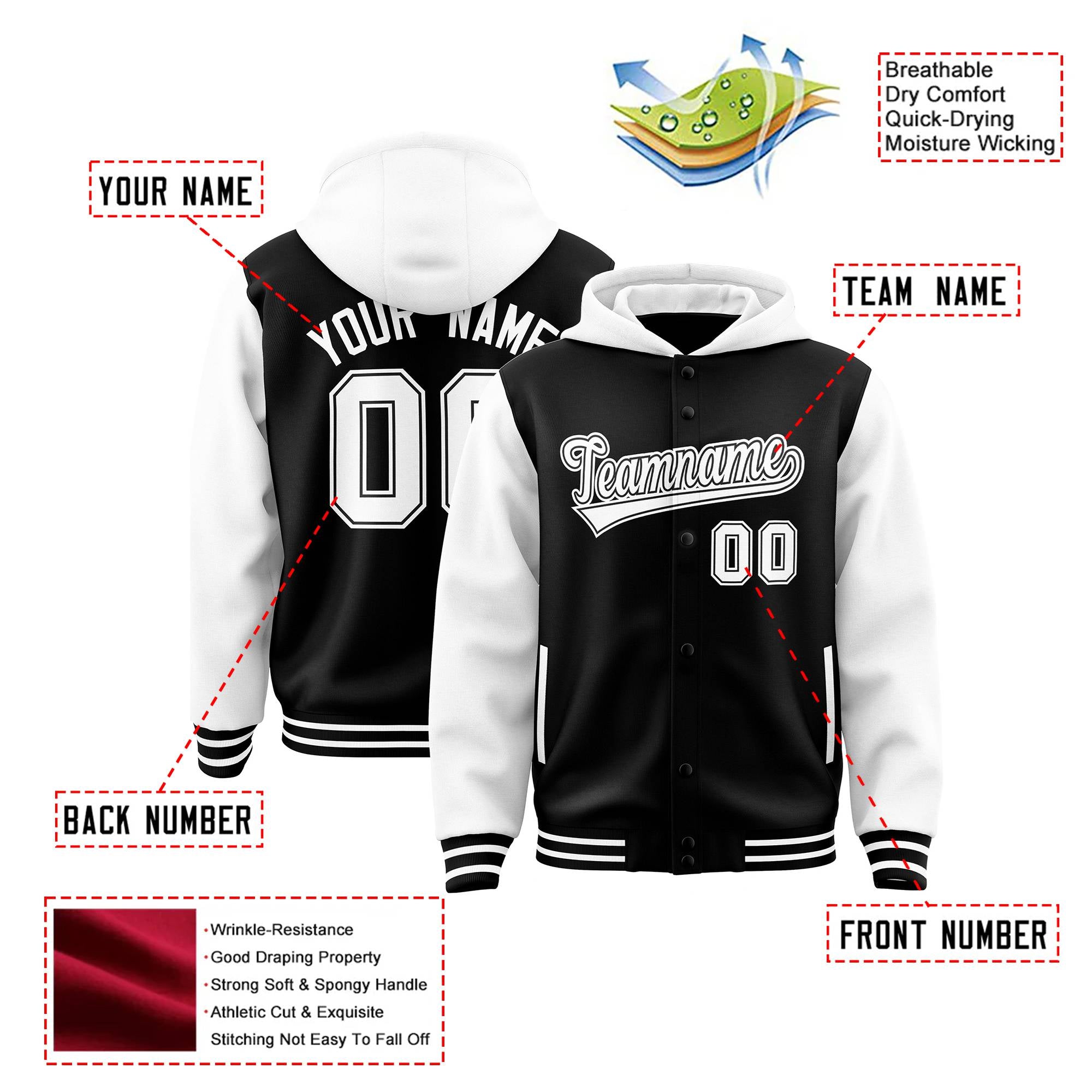 Custom Black White Raglan Sleeves Varsity Full-Snap Letterman Two Tone Hoodie Jacket