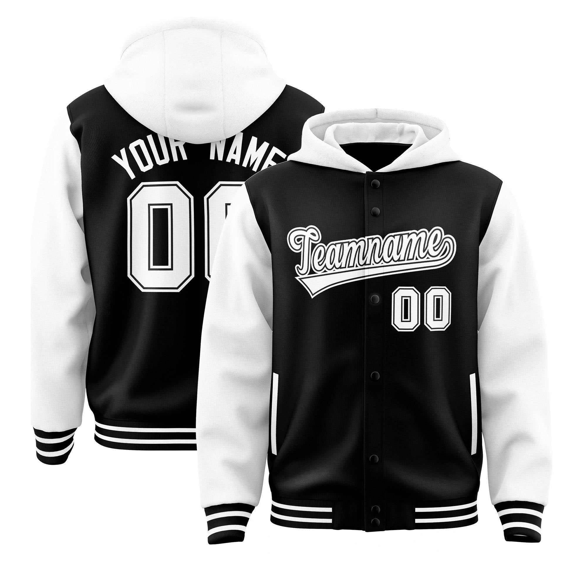 Custom Black White Raglan Sleeves Varsity Full-Snap Letterman Two Tone Hoodie Jacket