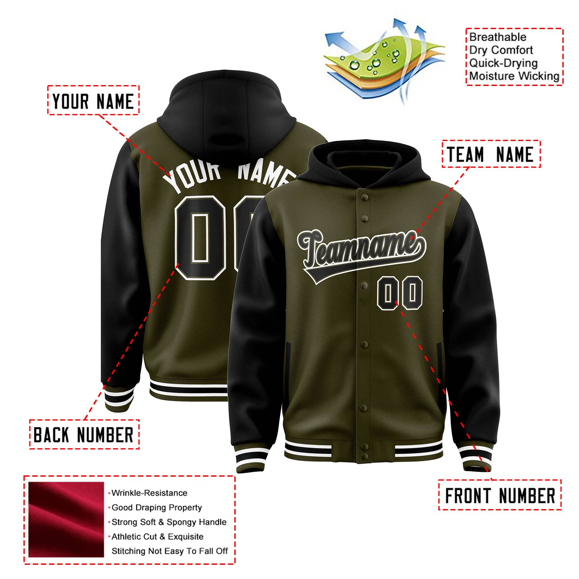 Custom Olive Black Raglan Sleeves Varsity Full-Snap Letterman Two Tone Hoodie Jacket