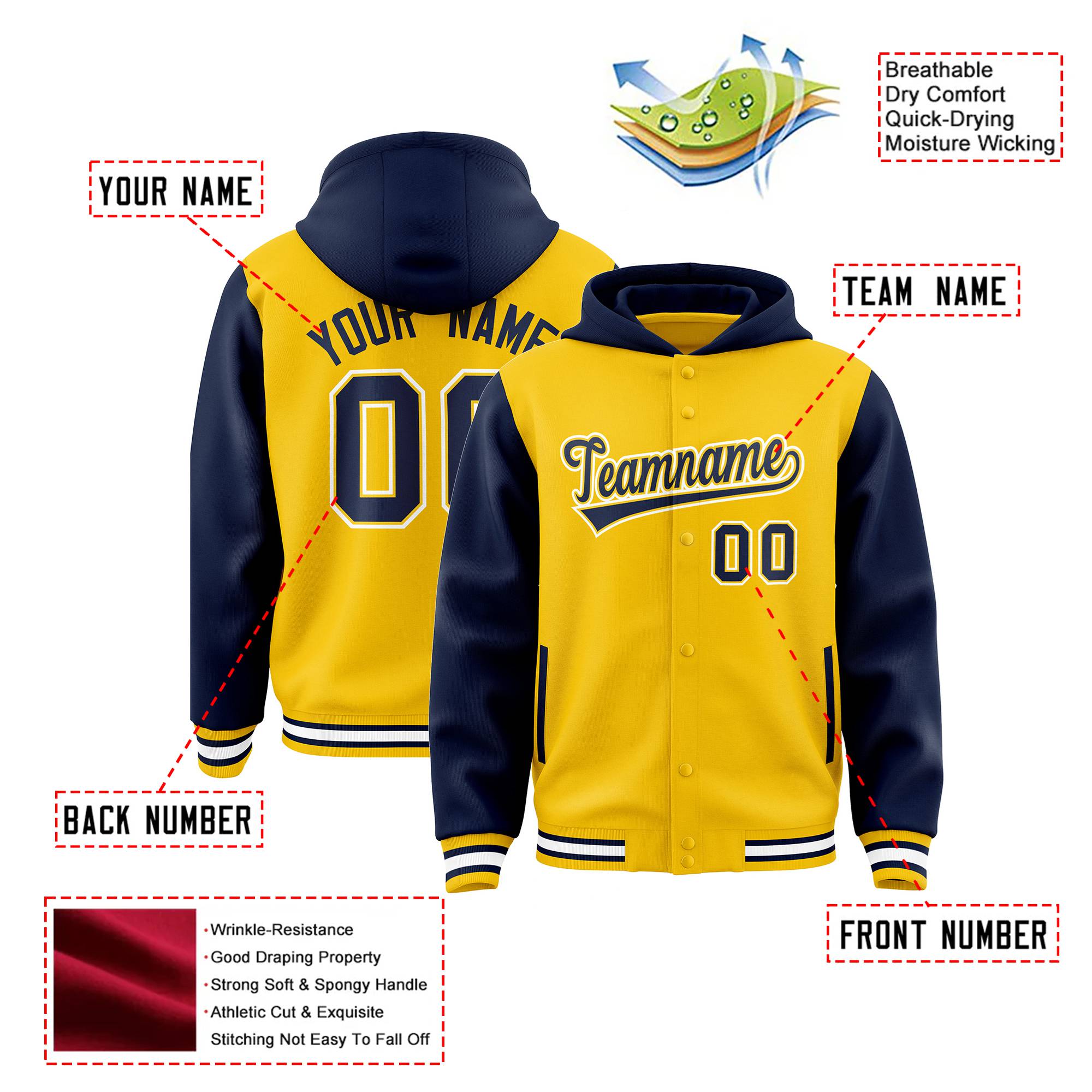 Custom Gold Navy Raglan Sleeves Varsity Full-Snap Letterman Two Tone Hoodie Jacket