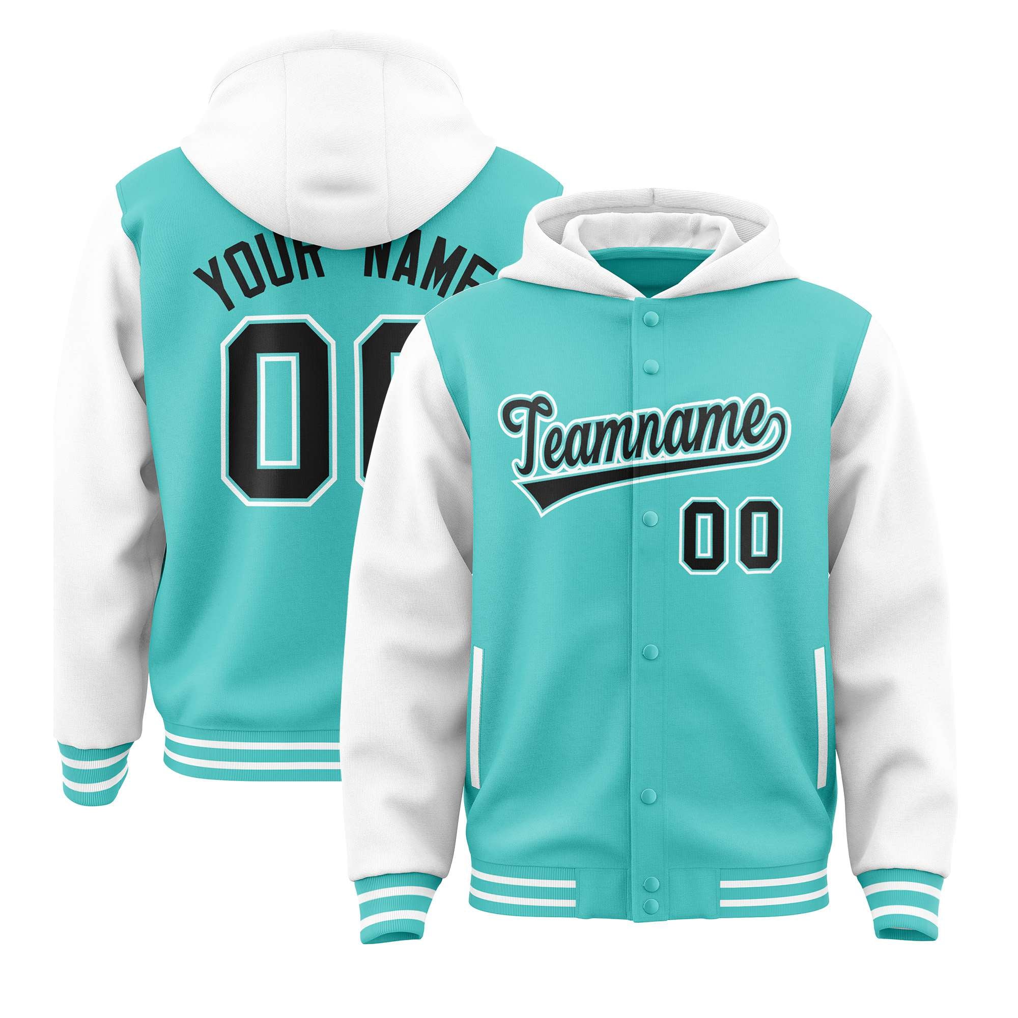 Custom Aqua White Raglan Sleeves Varsity Full-Snap Letterman Two Tone Hoodie Jacket