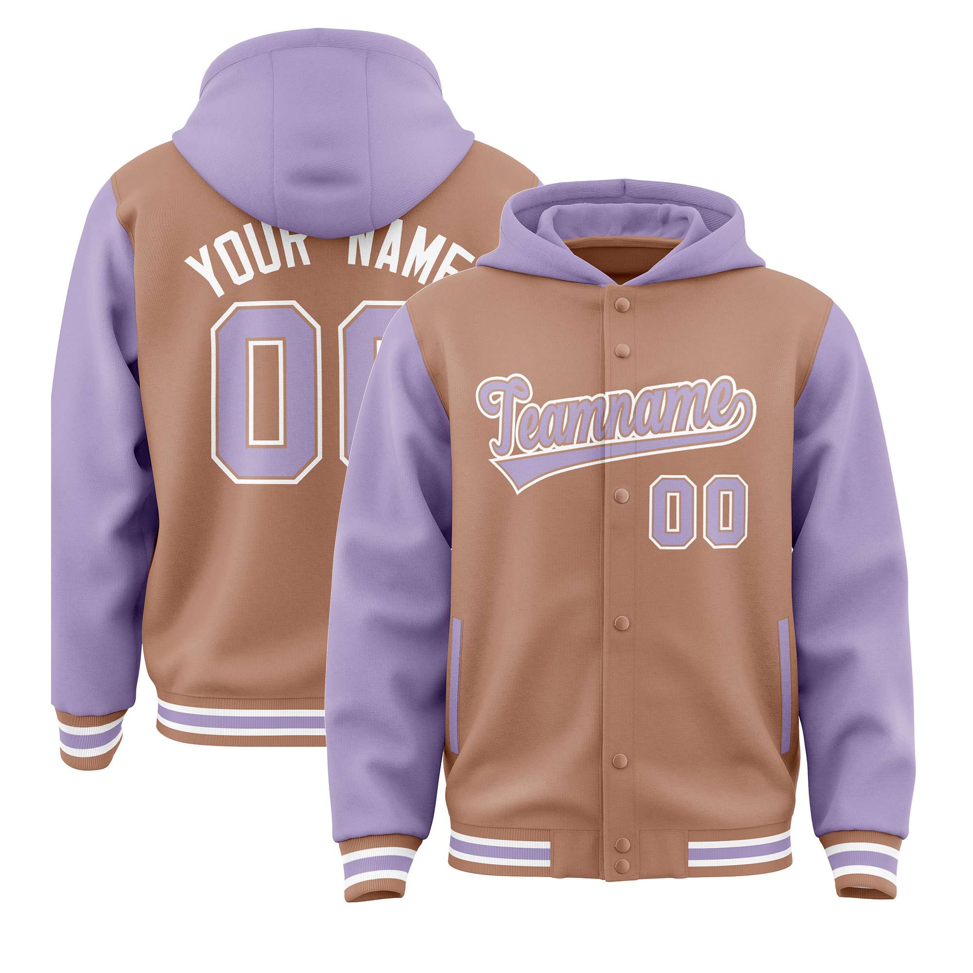 Custom Brown Light Purple Raglan Sleeves Varsity Full-Snap Letterman Two Tone Hoodie Jacket