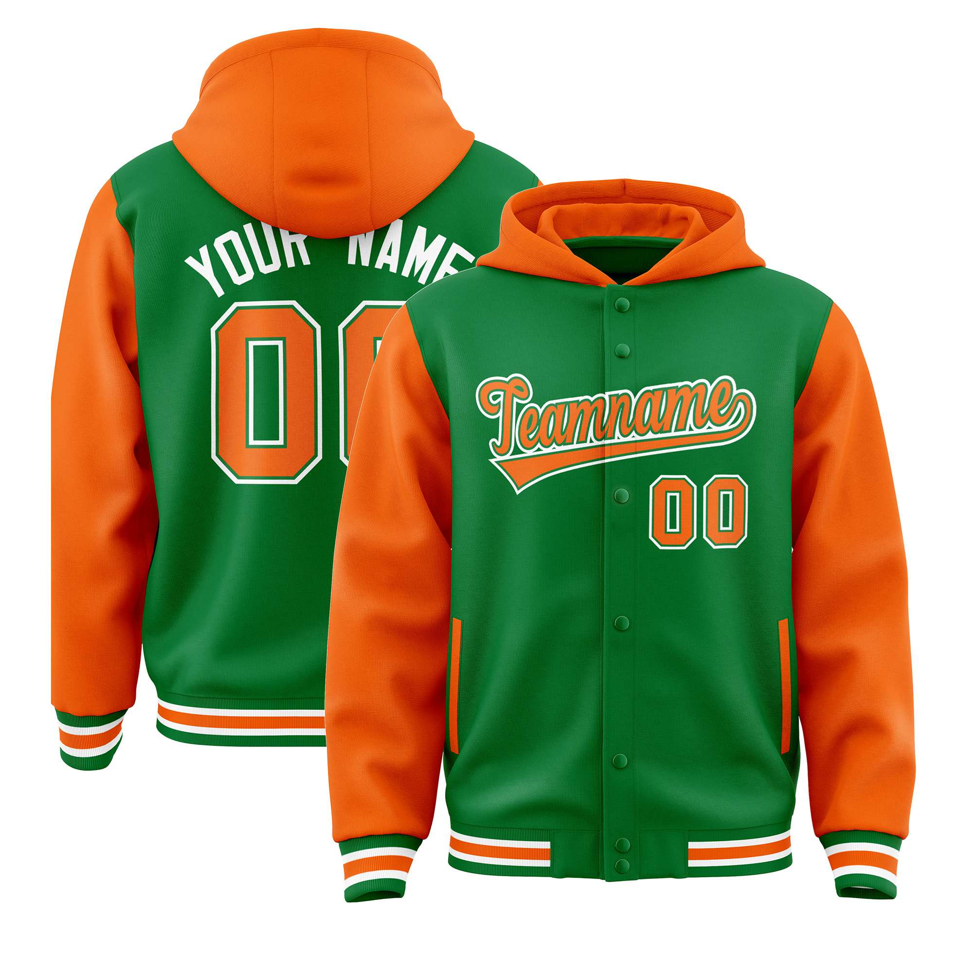 Custom Kelly Green Orange Raglan Sleeves Varsity Full-Snap Letterman Two Tone Hoodie Jacket