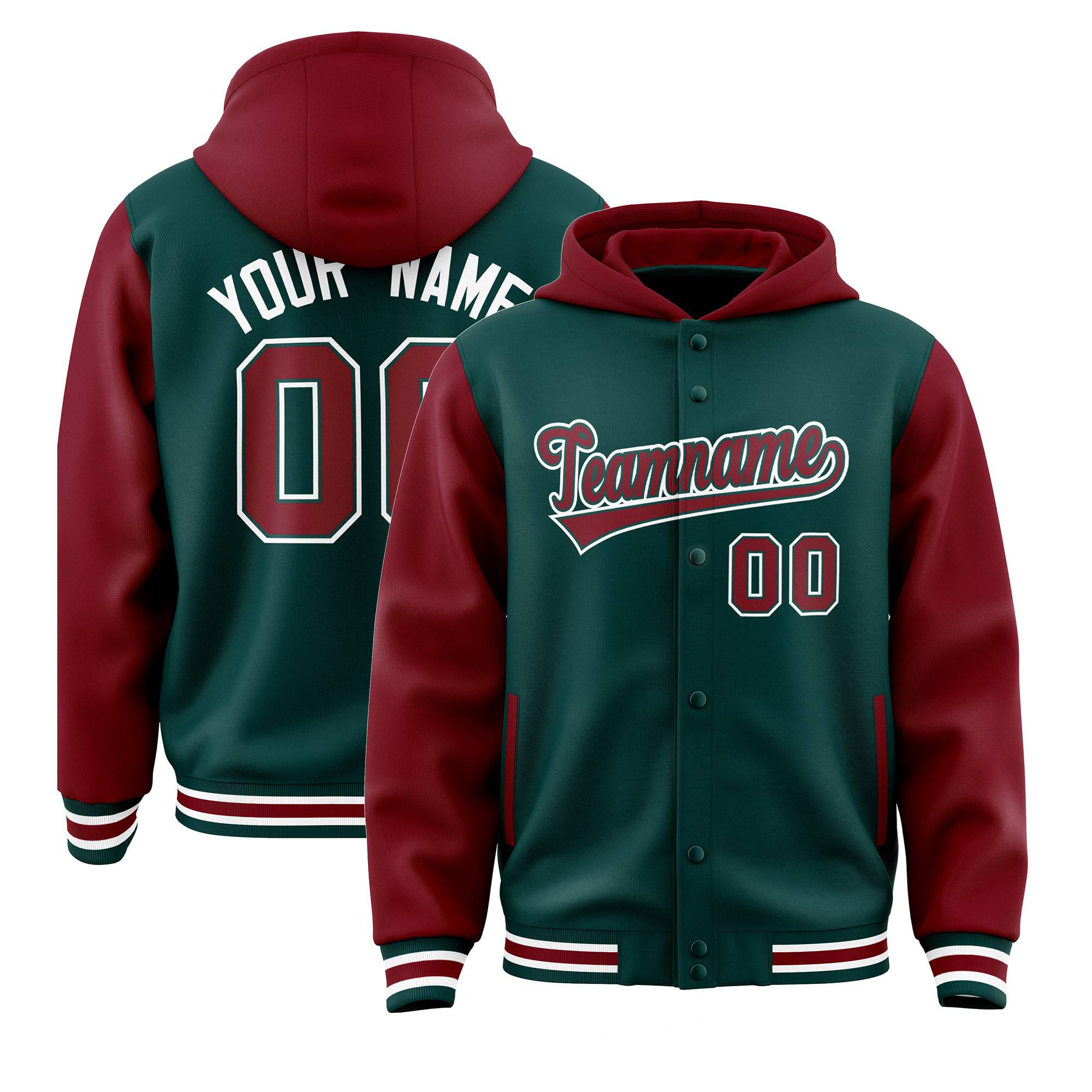 Custom Midnight Green Crimson Raglan Sleeves Varsity Full-Snap Letterman Two Tone Hoodie Jacket