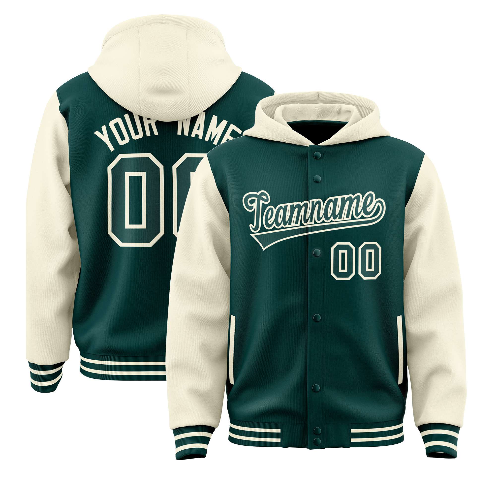 Custom Midnight Green Cream Raglan Sleeves Varsity Full-Snap Letterman Two Tone Hoodie Jacket