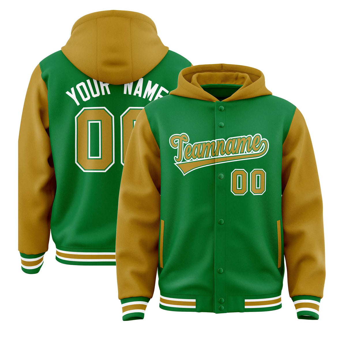 Custom Kelly Green Gold Raglan Sleeves Varsity Full-Snap Letterman Two Tone Hoodie Jacket