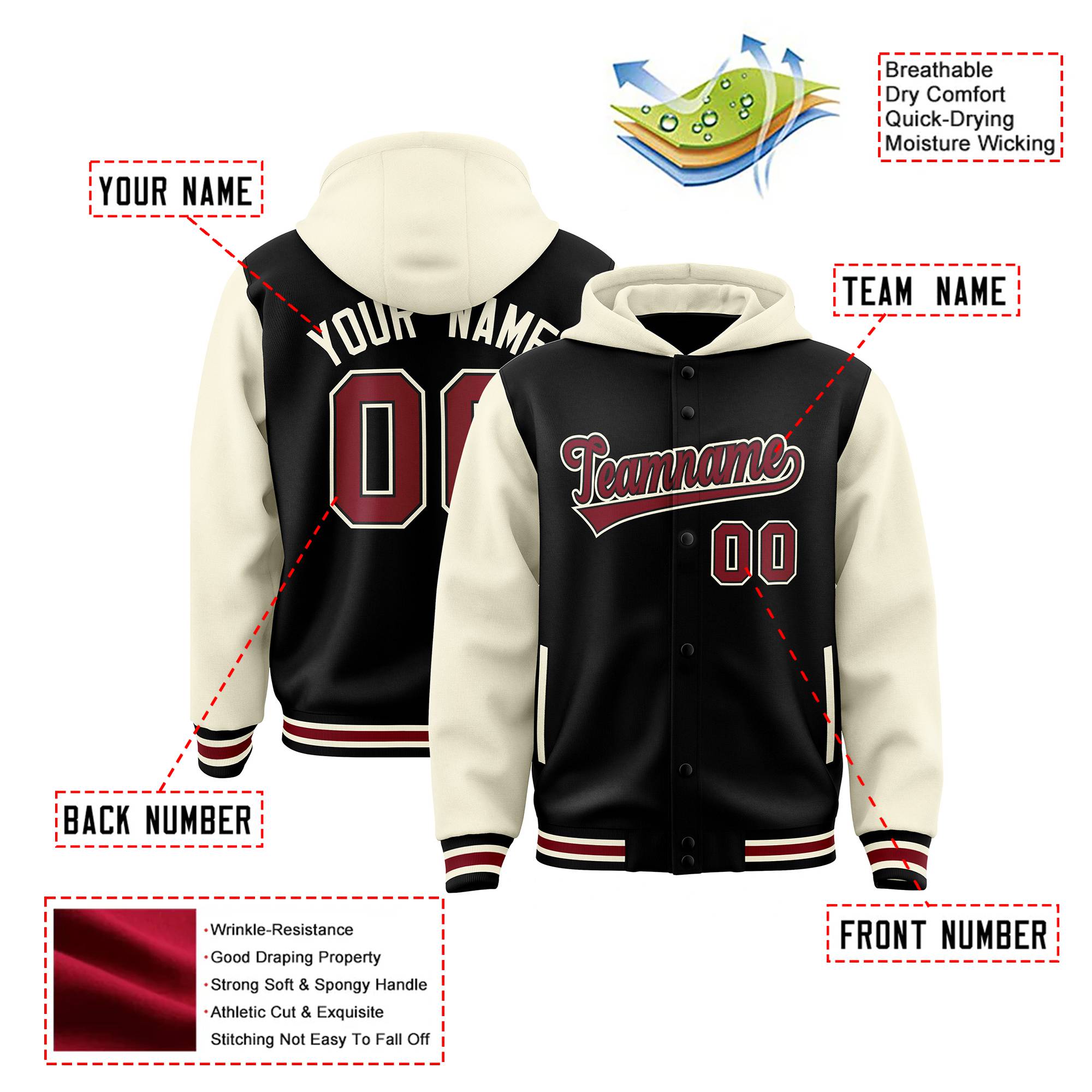 Custom Black Cream Raglan Sleeves Varsity Full-Snap Letterman Two Tone Hoodie Jacket