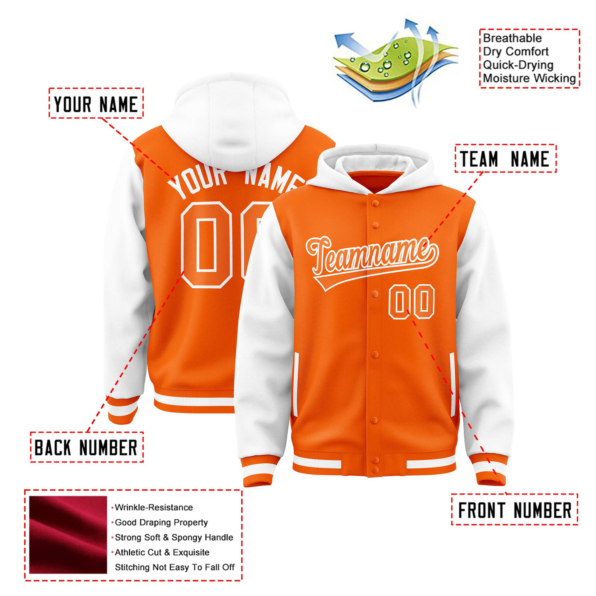 Custom Orange White Raglan Sleeves Varsity Full-Snap Letterman Two Tone Hoodie Jacket