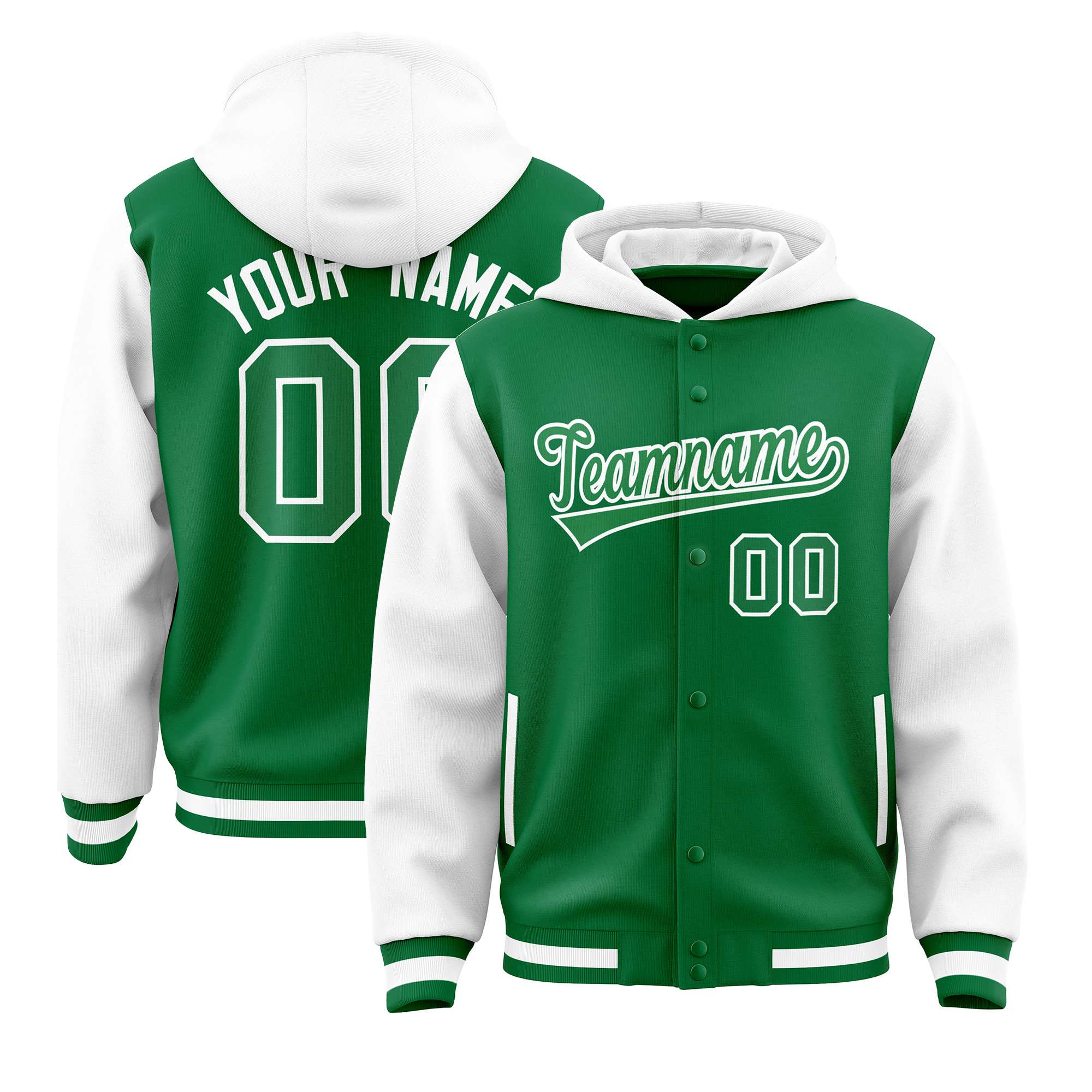 Custom Kelly Green White Raglan Sleeves Varsity Full-Snap Letterman Two Tone Hoodie Jacket