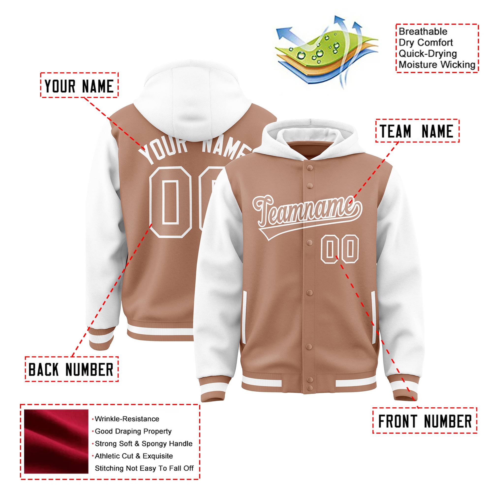 Custom Light Brown White Raglan Sleeves Varsity Full-Snap Letterman Two Tone Hoodie Jacket