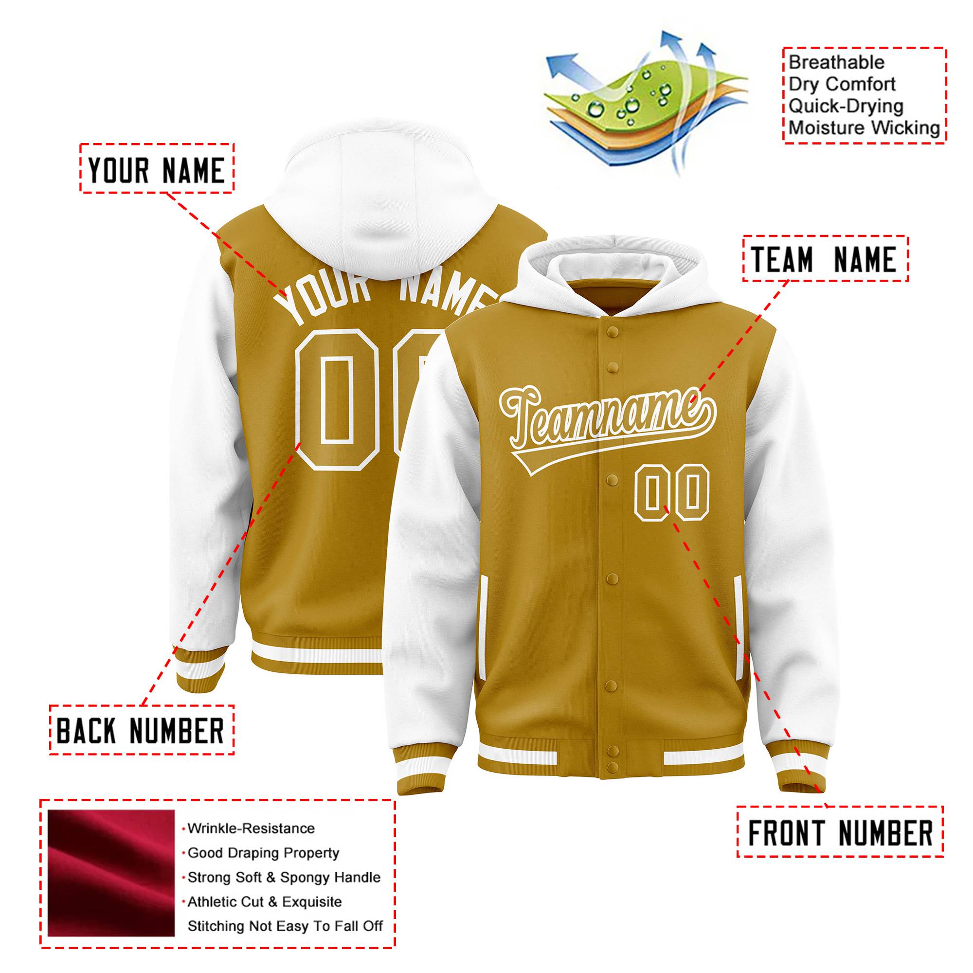 Custom Old Gold White Raglan Sleeves Varsity Full-Snap Letterman Two Tone Hoodie Jacket