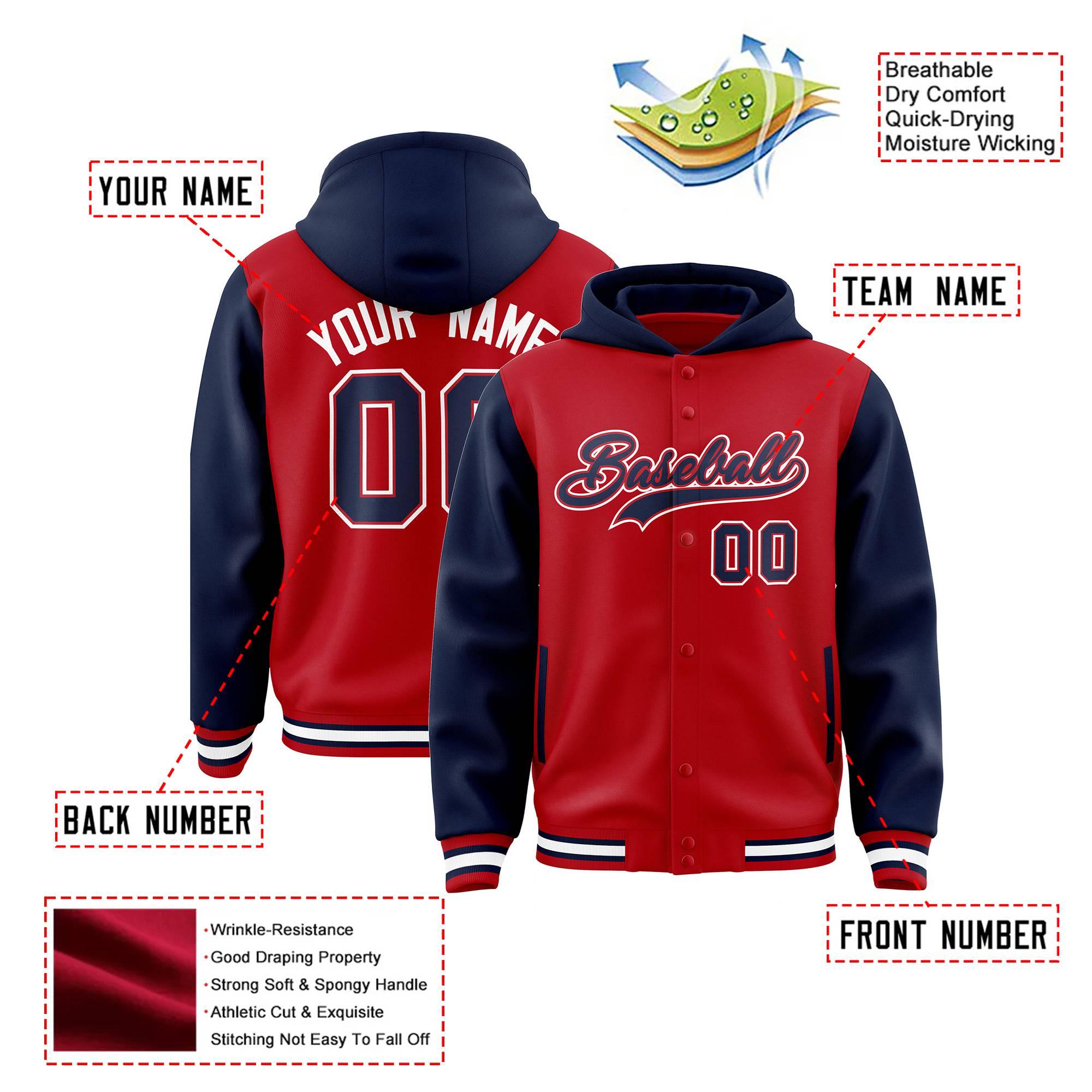 Custom Red Navy Stitched Sports Sweatshirt Hoodie