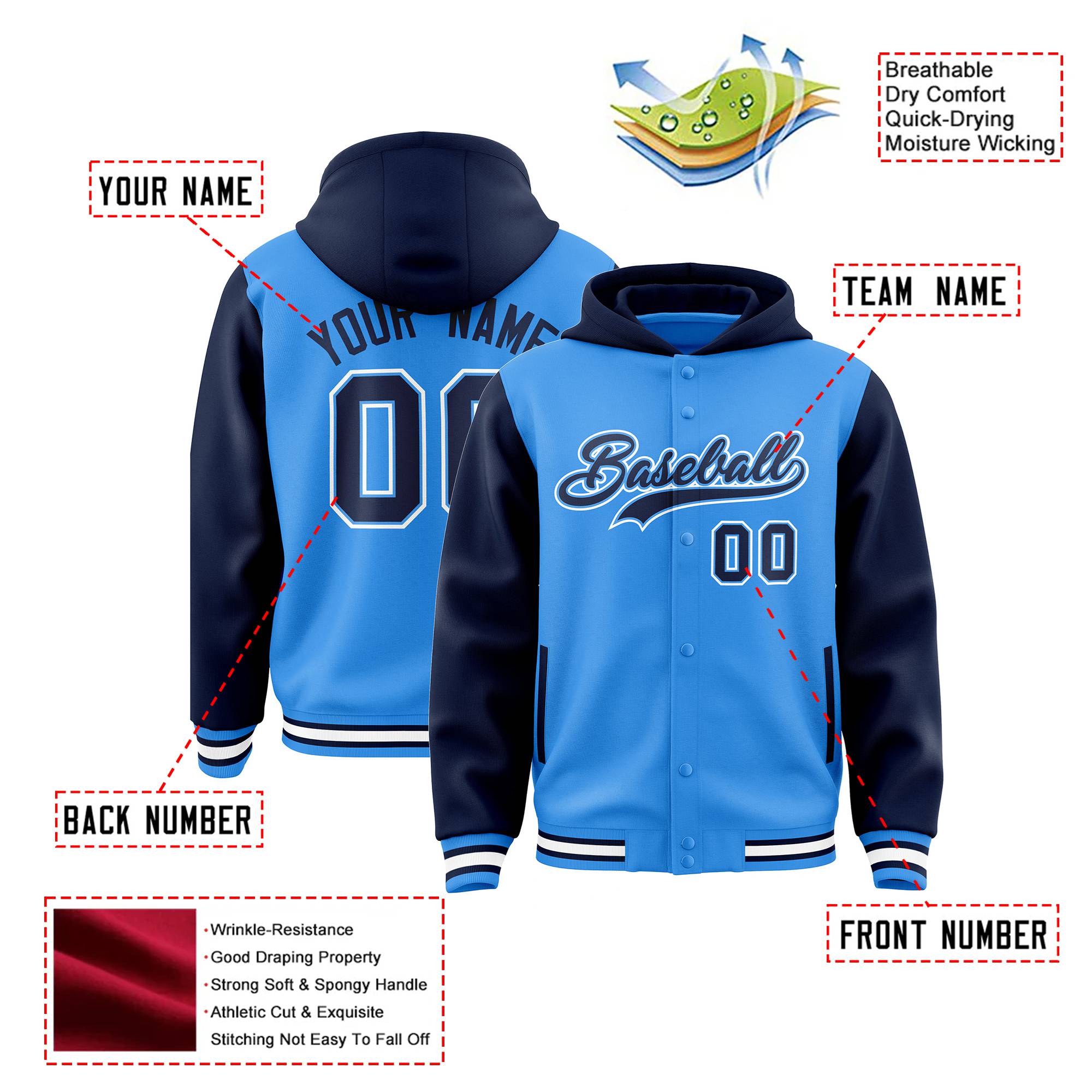 Custom Powder Blue Navy Raglan Sleeves Varsity Full-Snap Letterman Two Tone Hoodie Jacket