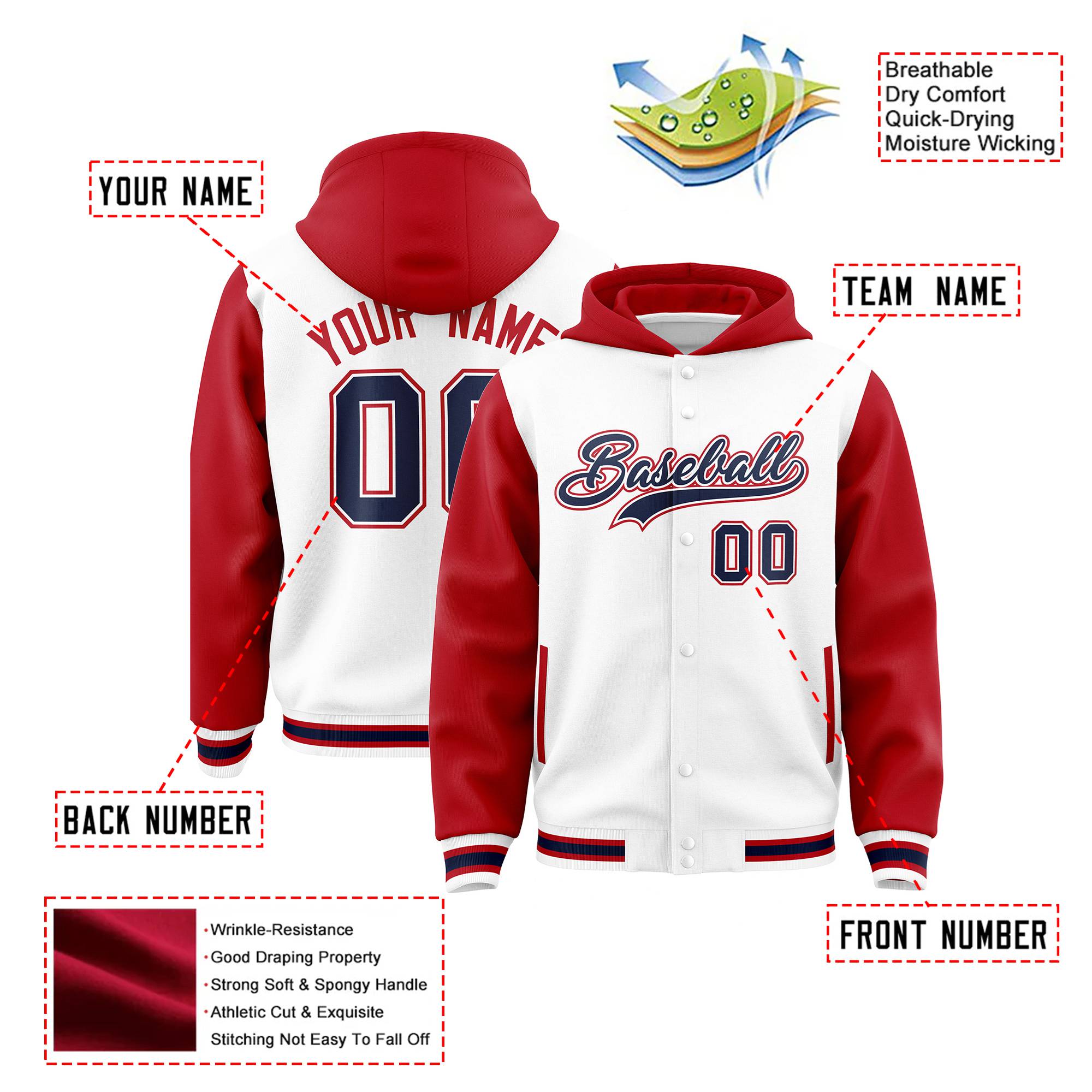 Custom White Red Raglan Sleeves Varsity Full-Snap Letterman Two Tone Hoodie Jacket