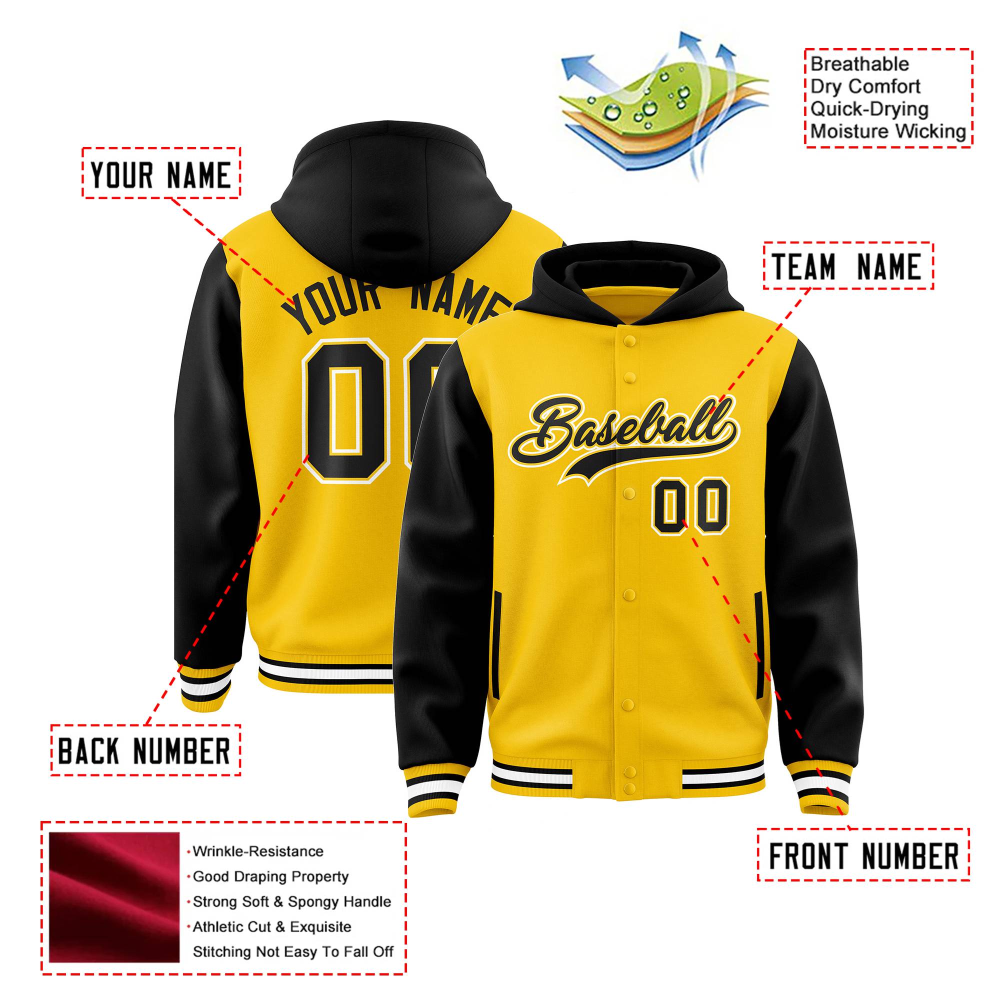 Custom Gold Black Raglan Sleeves Varsity Full-Snap Letterman Two Tone Hoodie Jacket