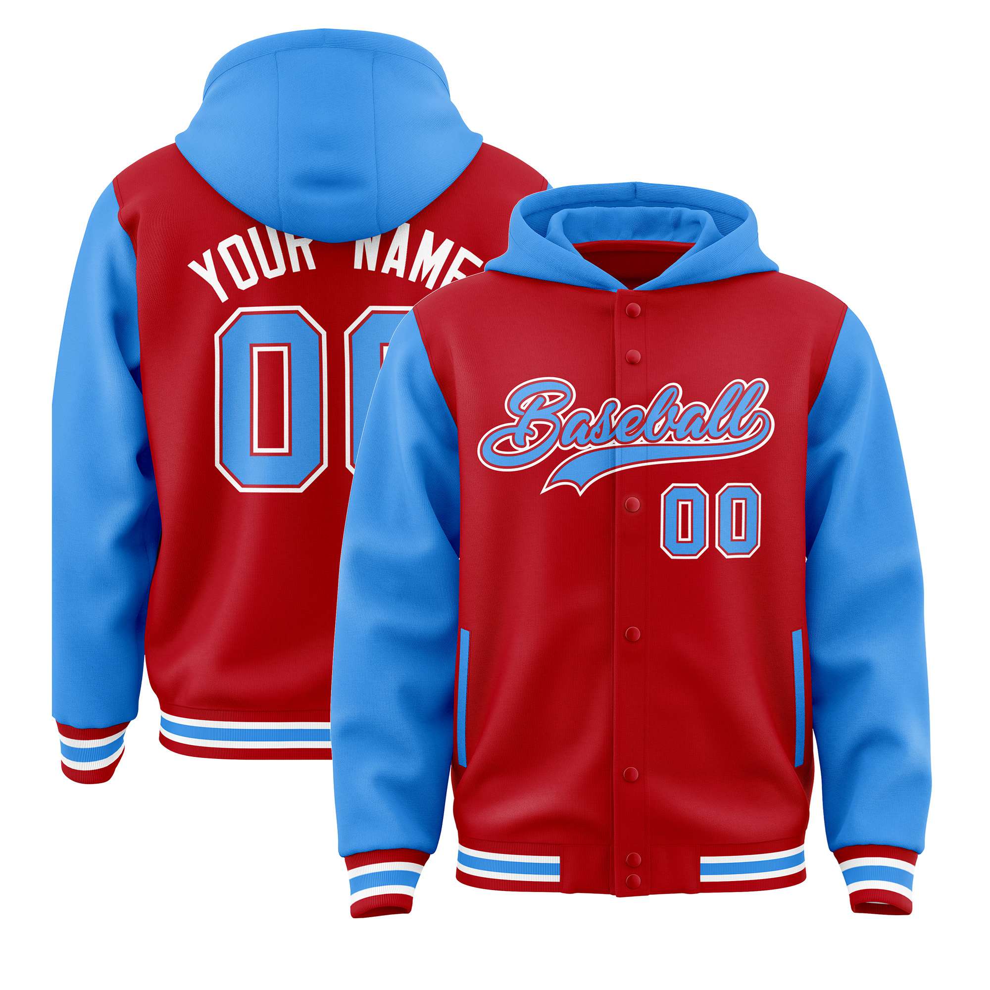 Custom Red Powder Blue Raglan Sleeves Varsity Full-Snap Letterman Two Tone Hoodie Jacket