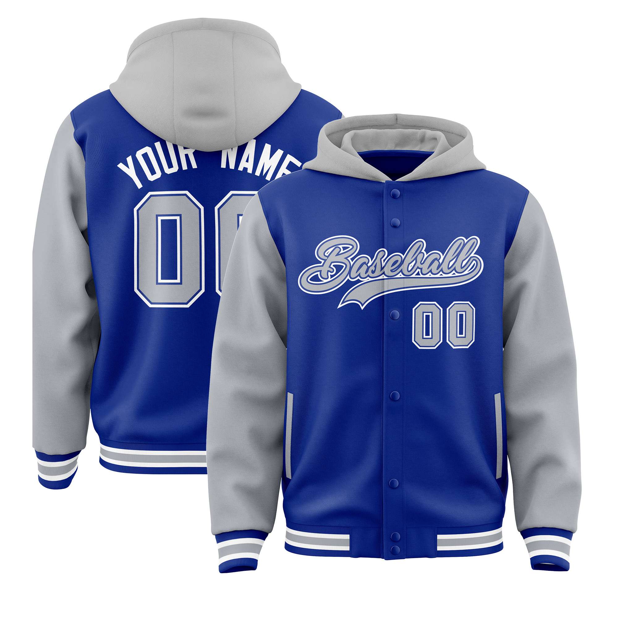 Custom Royal Blue Gray Raglan Sleeves Varsity Full-Snap Letterman Two Tone Hoodie Jacket