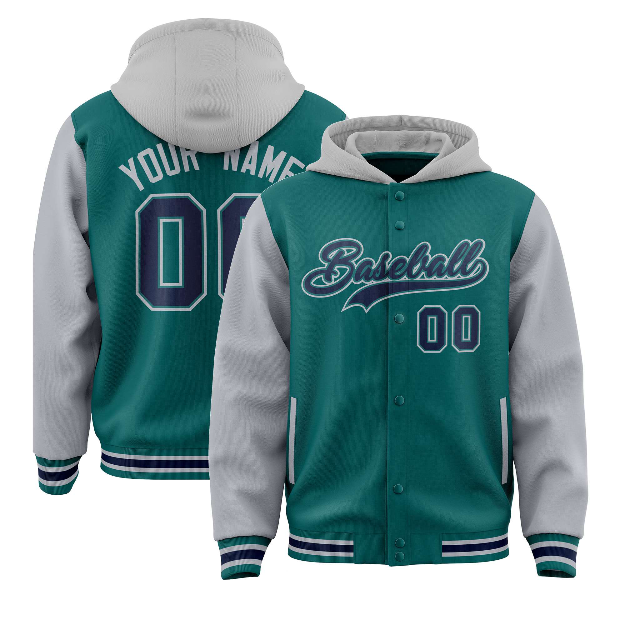 Custom Aqua Gray Raglan Sleeves Varsity Full-Snap Letterman Two Tone Hoodie Jacket