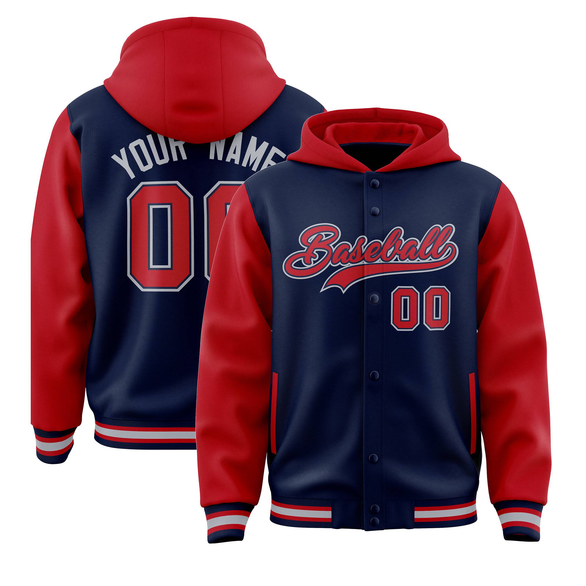 Custom Navy Red Raglan Sleeves Varsity Full-Snap Letterman Two Tone Hoodie Jacket