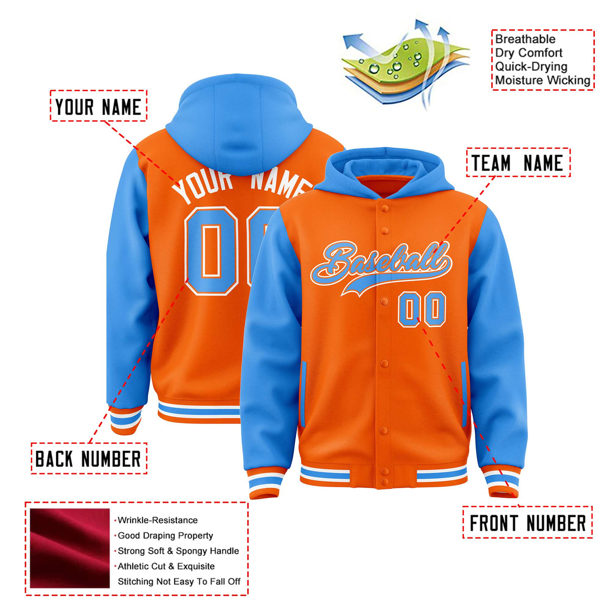 Custom Orange Powder Blue Raglan Sleeves Varsity Full-Snap Letterman Two Tone Hoodie Jacket