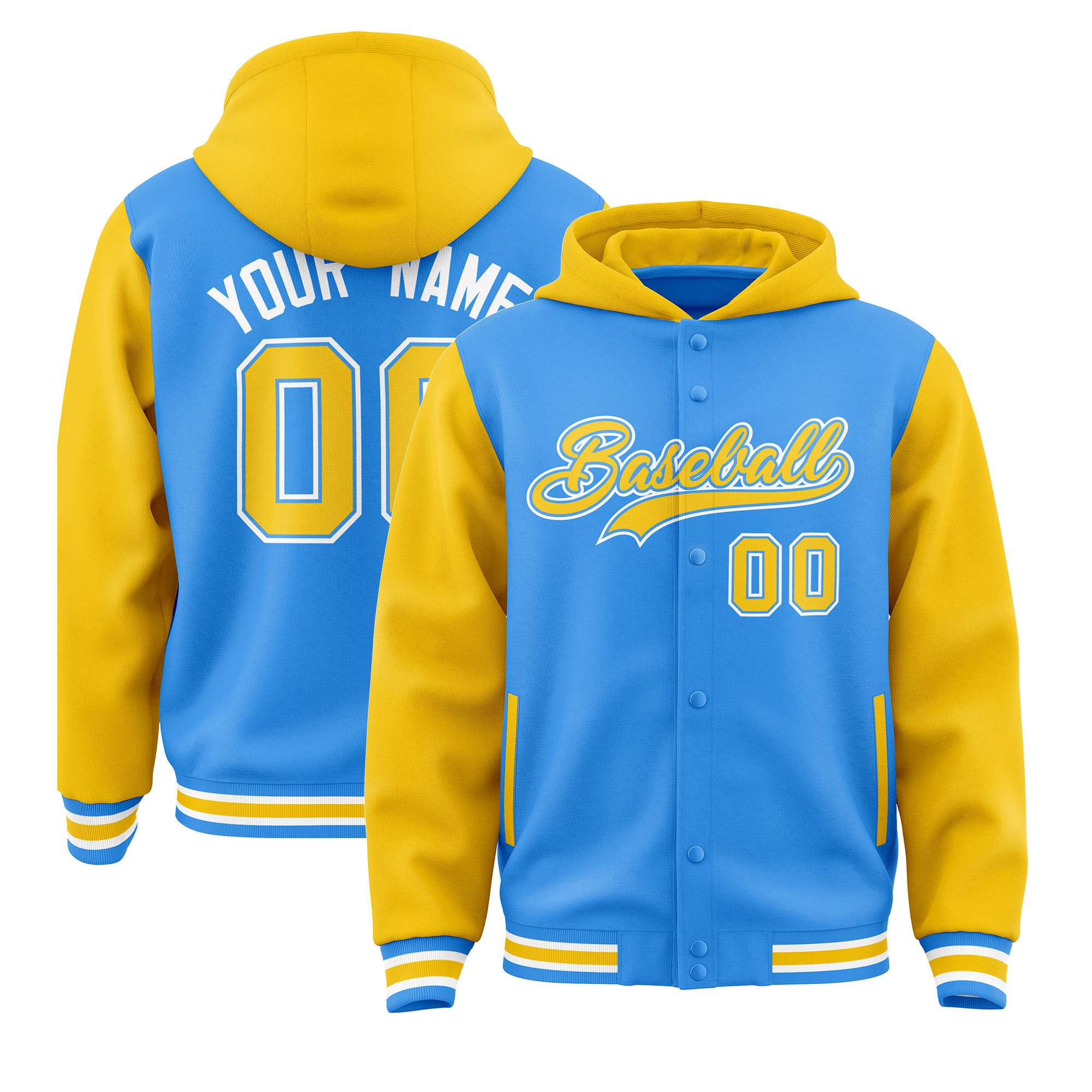 Custom Powder Blue Gold Raglan Sleeves Varsity Full-Snap Letterman Two Tone Hoodie Jacket