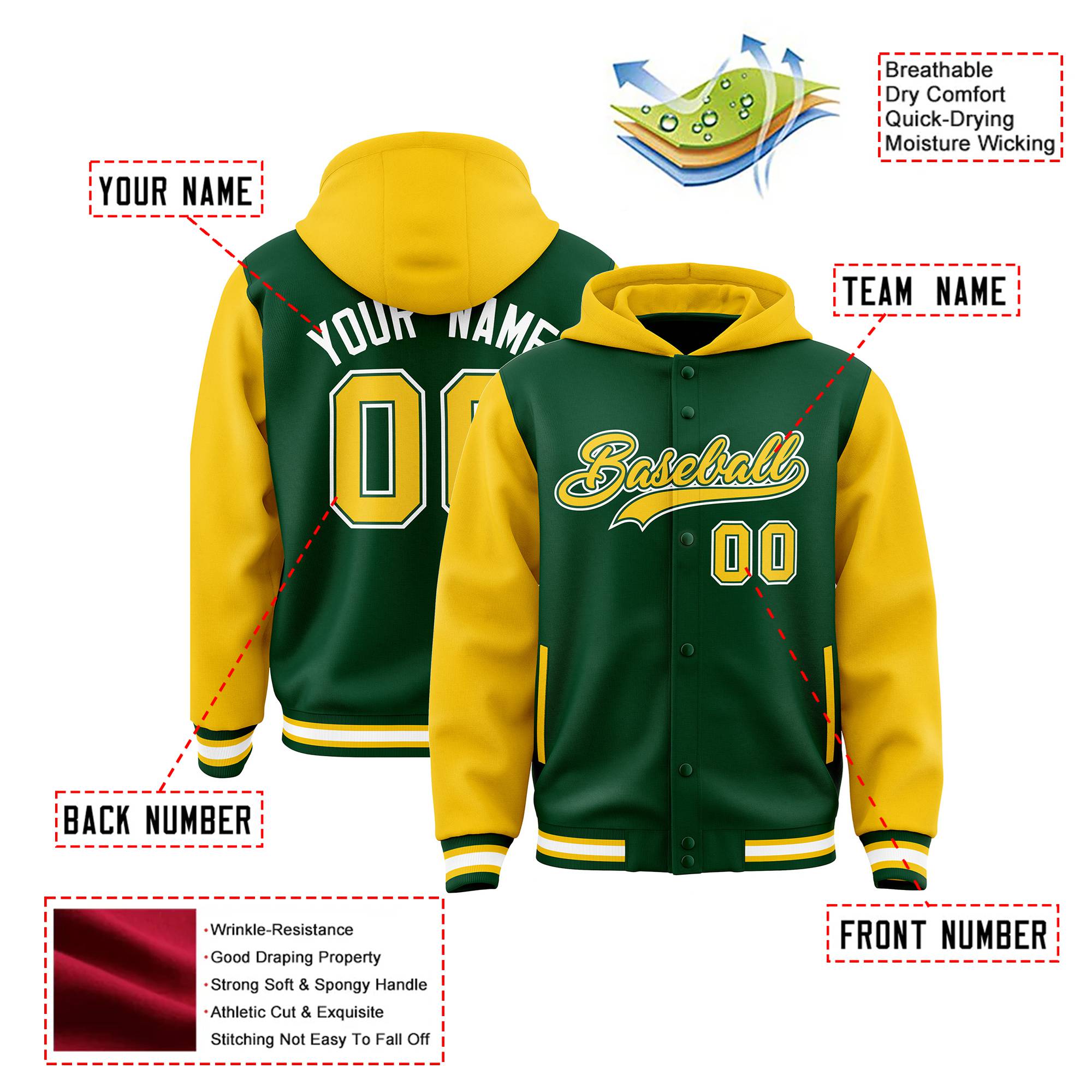 Custom Green Gold Raglan Sleeves Varsity Full-Snap Letterman Two Tone Hoodie Jacket