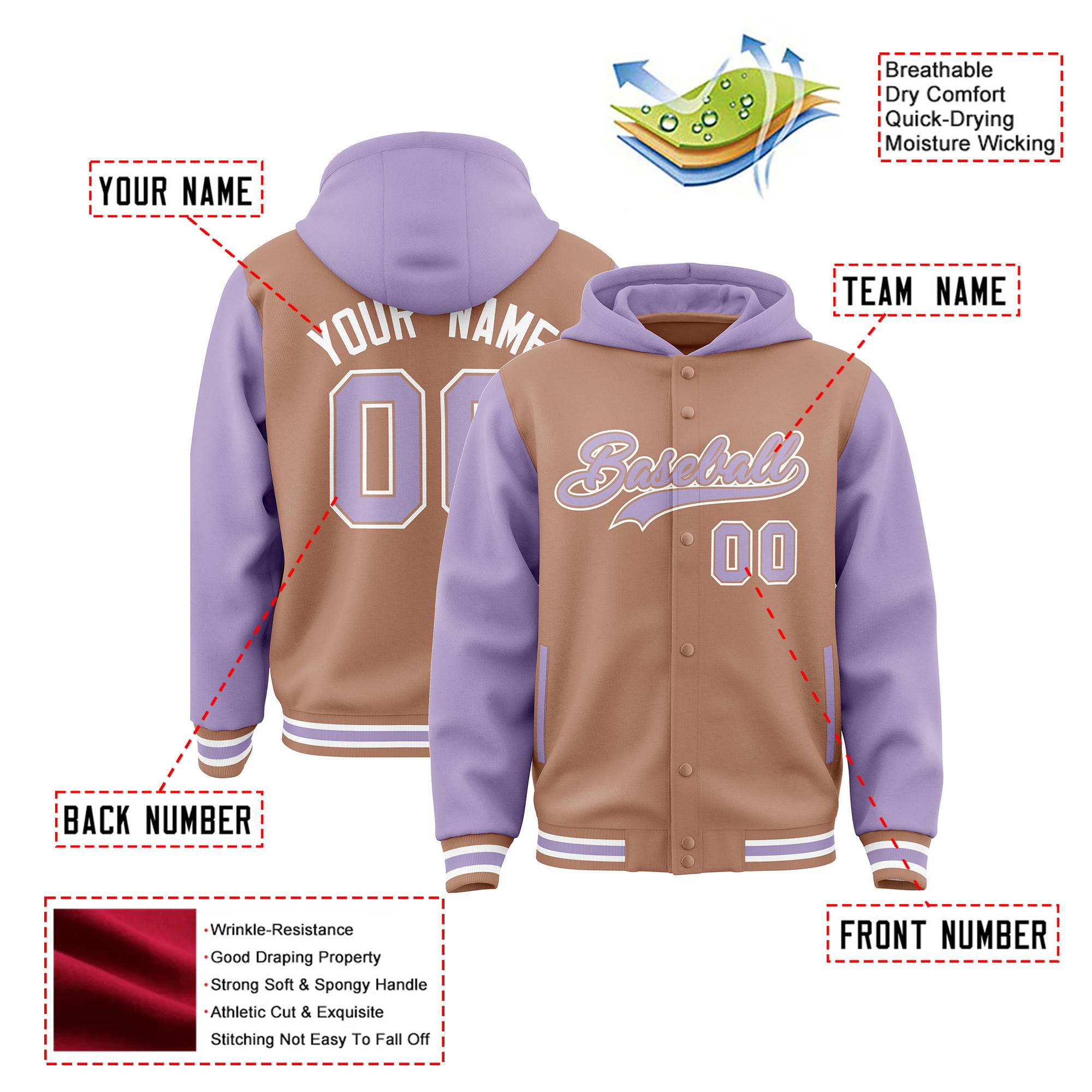 Custom Brown Light Purple Raglan Sleeves Varsity Full-Snap Letterman Two Tone Hoodie Jacket