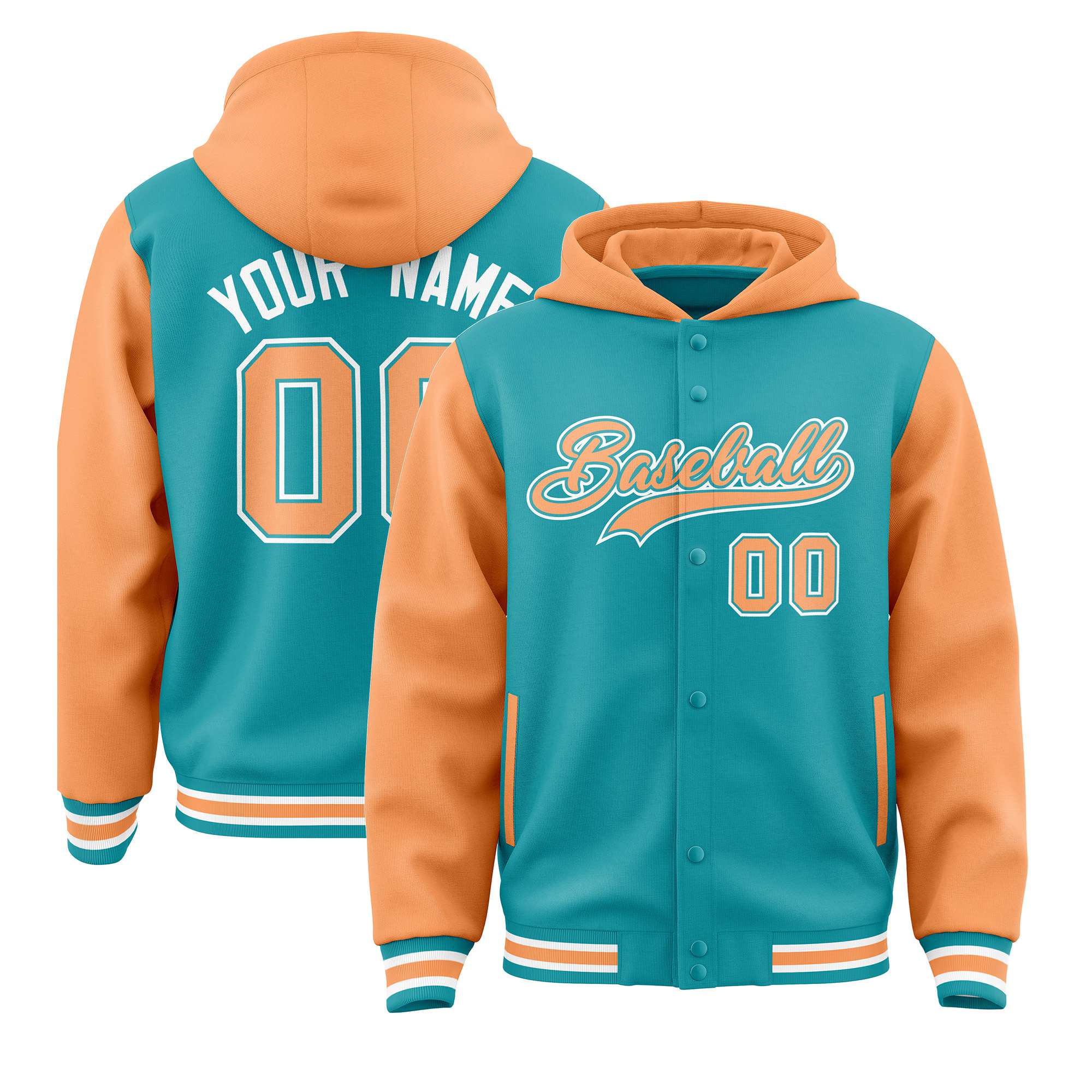 Custom Aqua Orange Raglan Sleeves Varsity Full-Snap Letterman Two Tone Hoodie Jacket