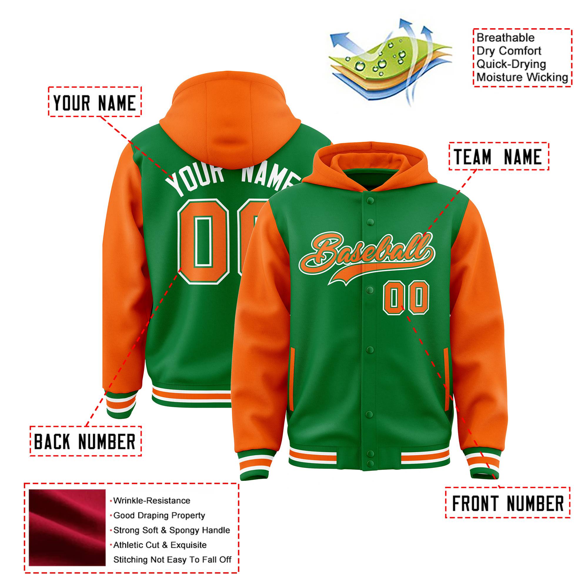 Custom Kelly Green Orange Raglan Sleeves Varsity Full-Snap Letterman Two Tone Hoodie Jacket