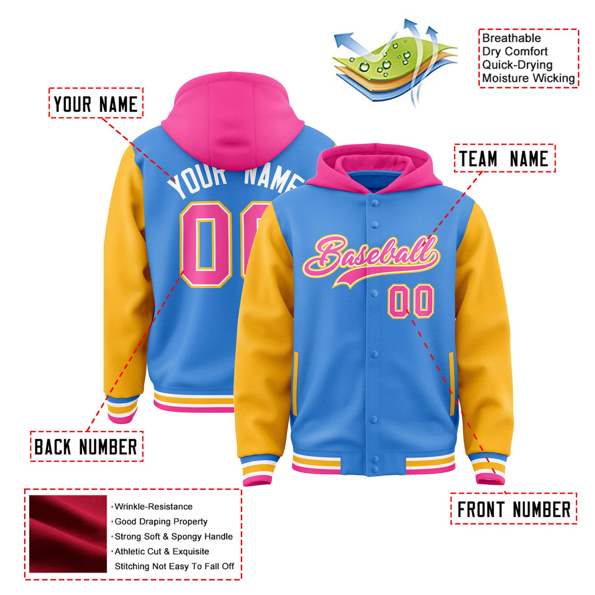 Custom Powder Blue Gold Raglan Sleeves Varsity Full-Snap Letterman Two Tone Hoodie Jacket