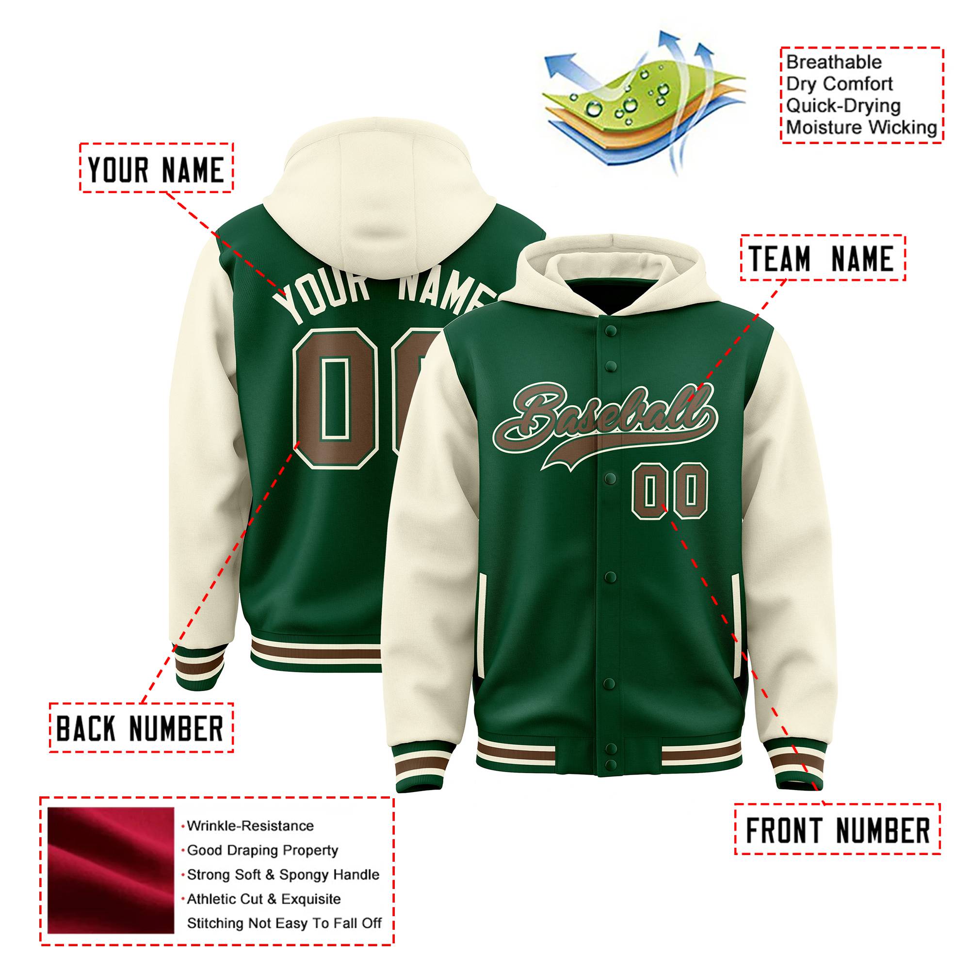 Custom Green Cream Raglan Sleeves Varsity Full-Snap Letterman Two Tone Hoodie Jacket