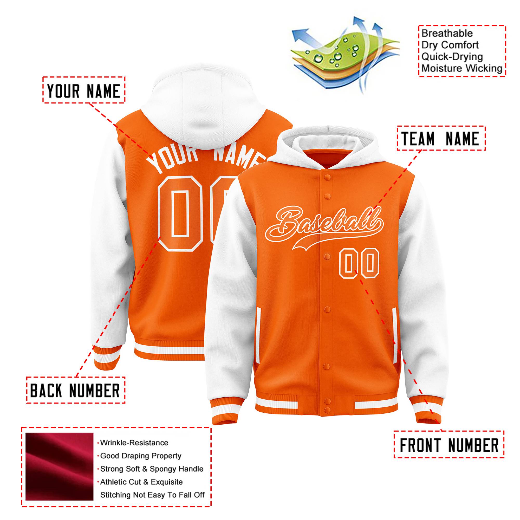 Custom Orange White Raglan Sleeves Varsity Full-Snap Letterman Two Tone Hoodie Jacket