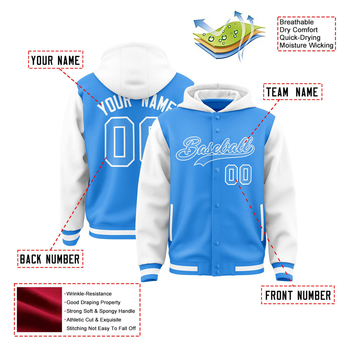 Custom Powder Blue White Raglan Sleeves Varsity Full-Snap Letterman Two Tone Hoodie Jacket