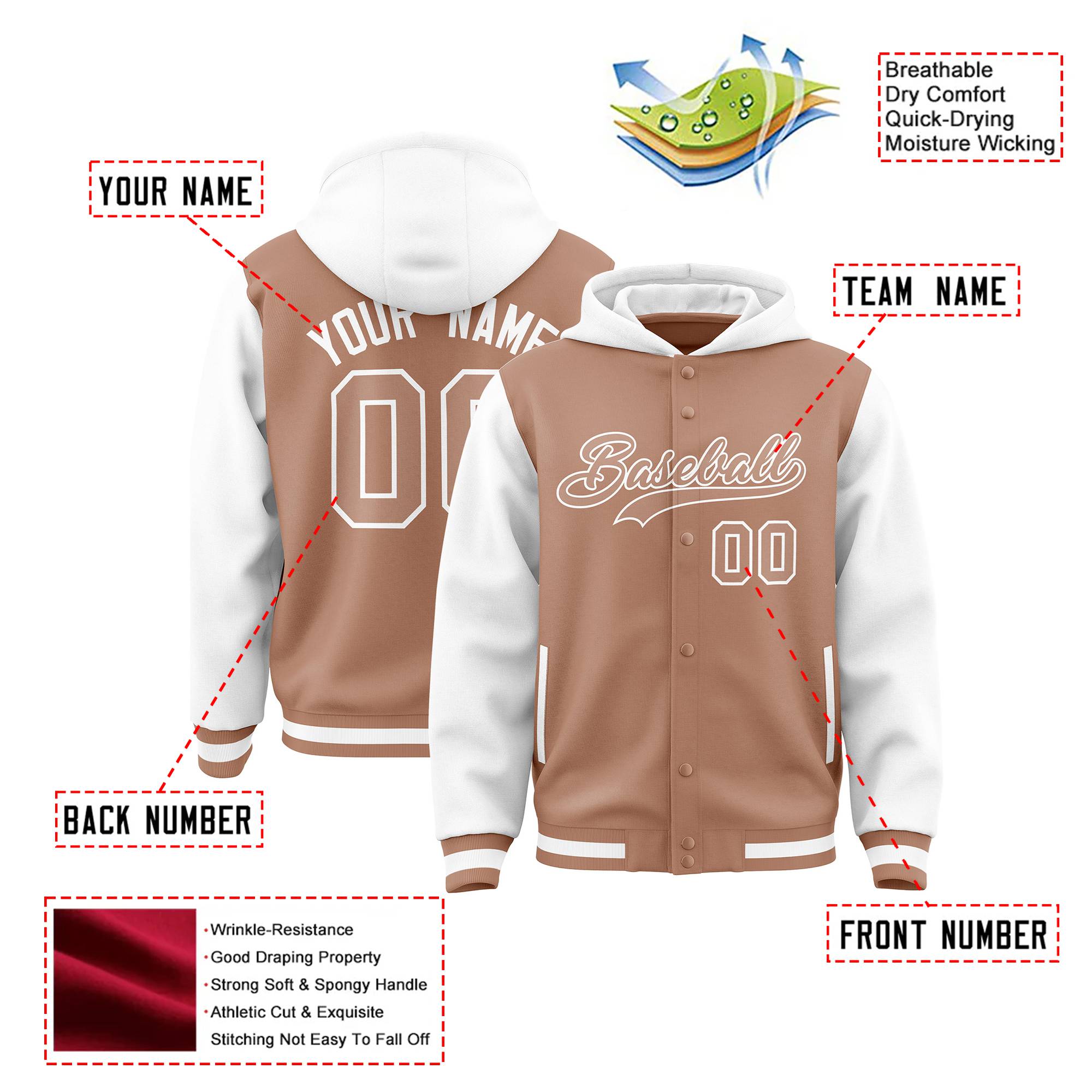 Custom Light Brown White Raglan Sleeves Varsity Full-Snap Letterman Two Tone Hoodie Jacket