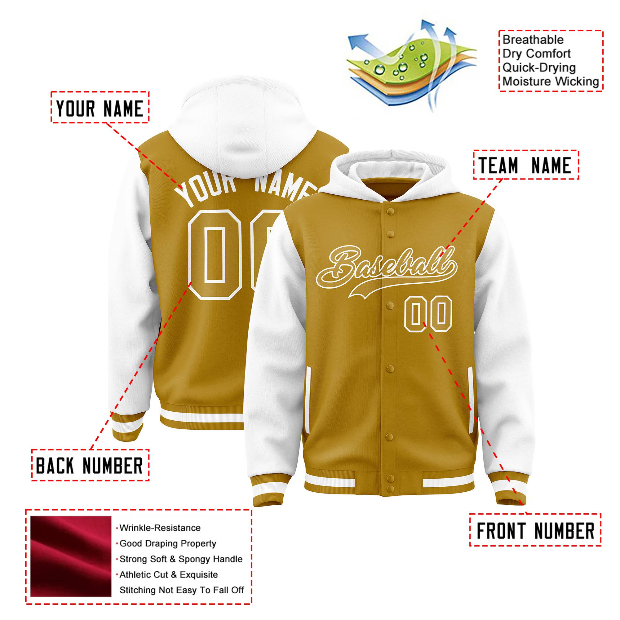 Custom Old Gold White Raglan Sleeves Varsity Full-Snap Letterman Two Tone Hoodie Jacket