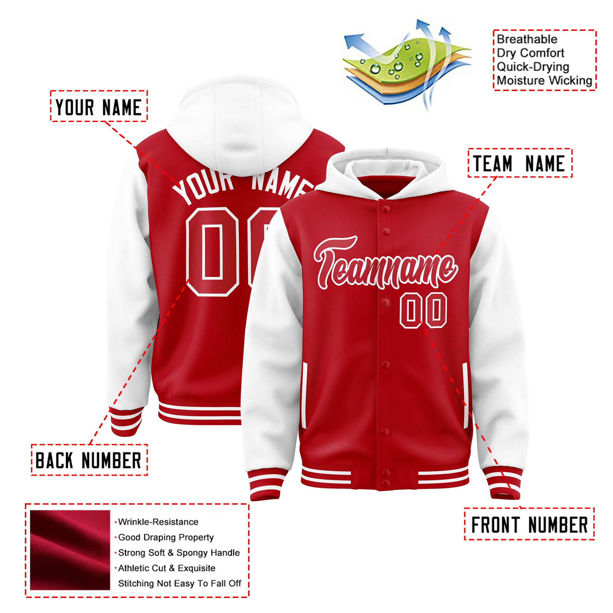 Custom Red White Raglan Sleeves Varsity Full-Snap Letterman Two Tone Hoodie Jacket