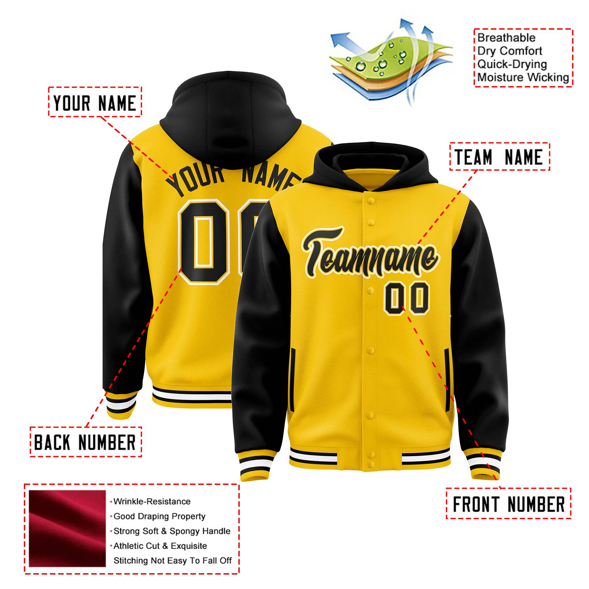 Custom Gold Black Raglan Sleeves Varsity Full-Snap Letterman Two Tone Hoodie Jacket