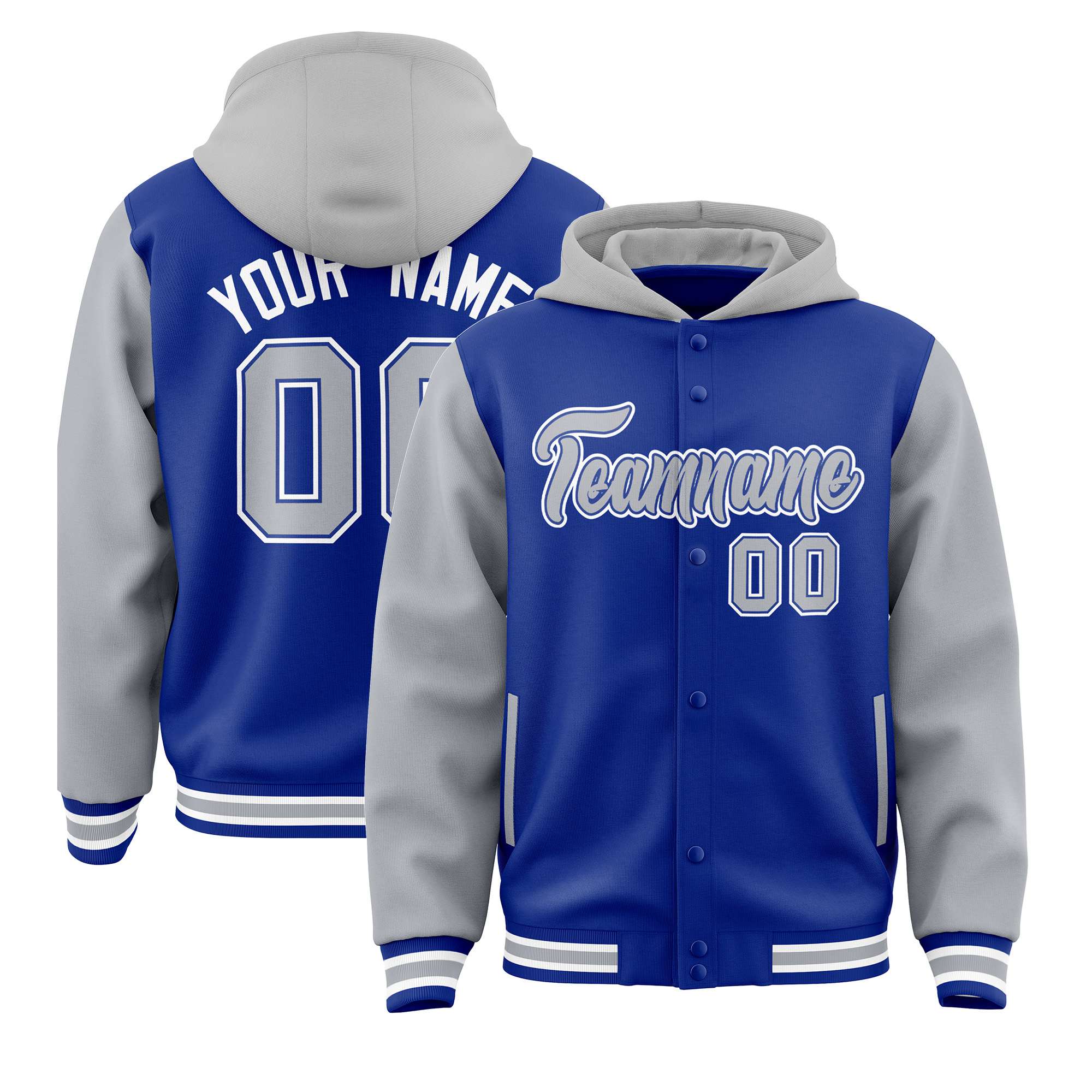 Custom Royal Blue Gray Raglan Sleeves Varsity Full-Snap Letterman Two Tone Hoodie Jacket