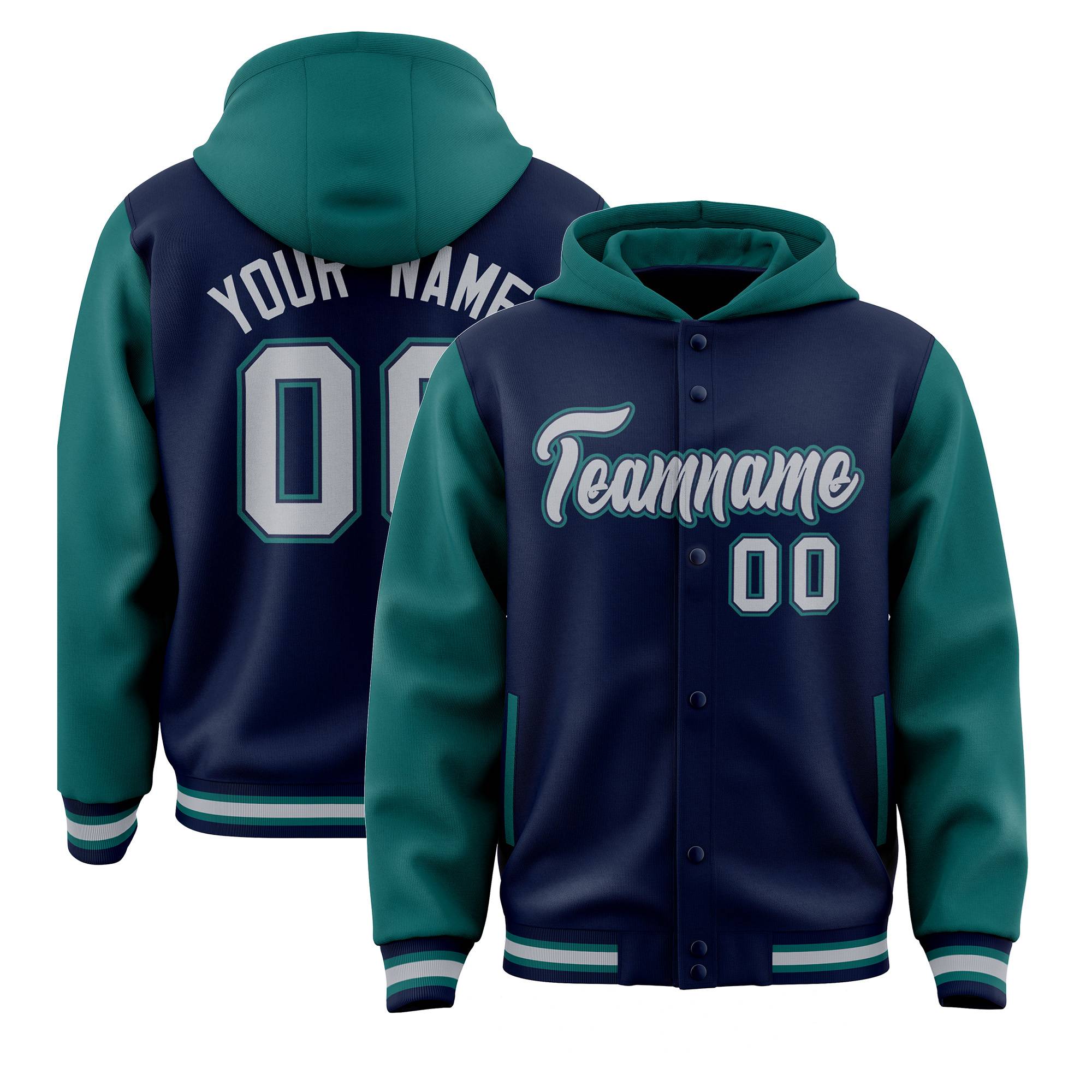 Custom Navy Aqua Raglan Sleeves Varsity Full-Snap Letterman Two Tone Hoodie Jacket