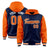 Custom Navy Orange Raglan Sleeves Varsity Full-Snap Letterman Two Tone Hoodie Jacket