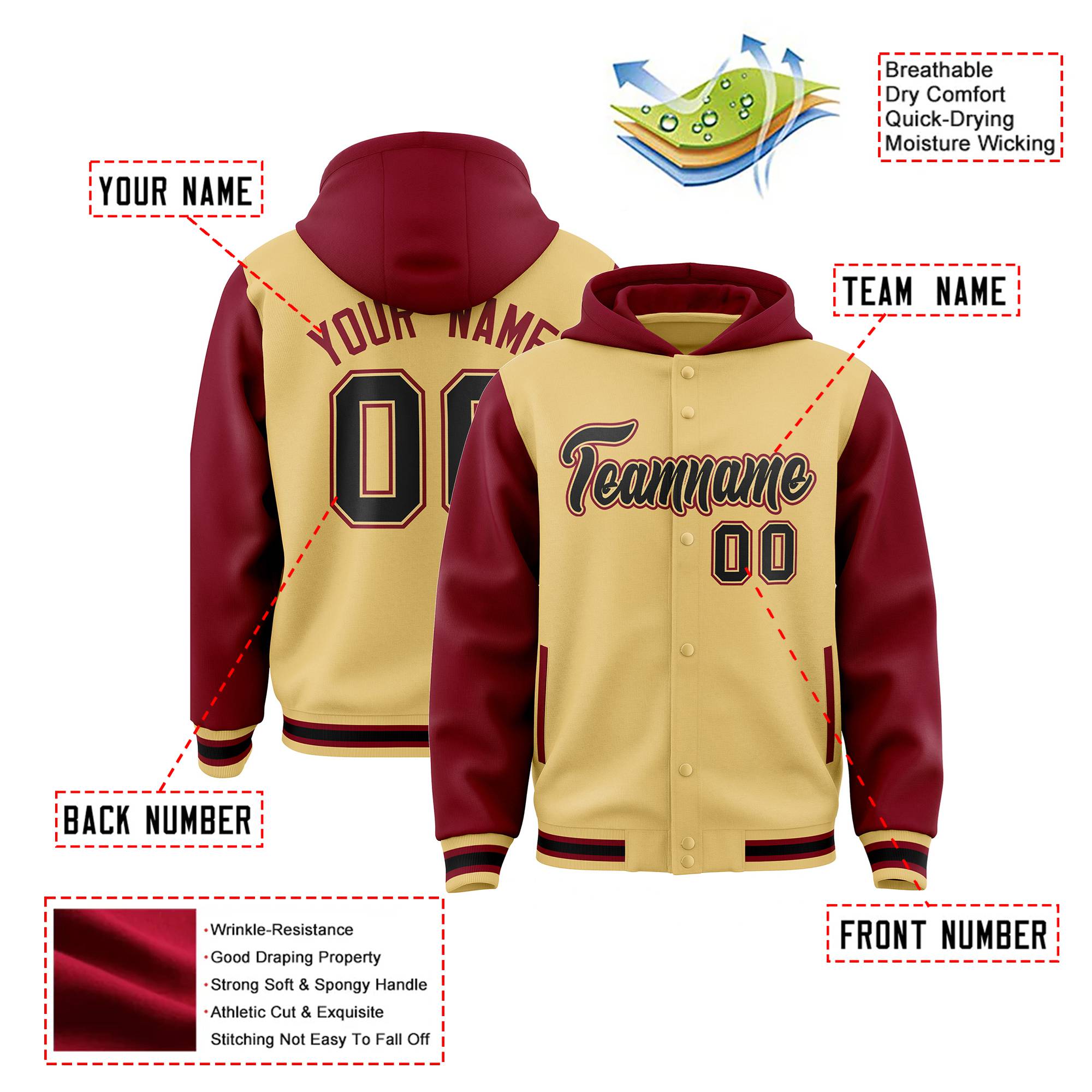 Custom Khaki Crimson Raglan Sleeves Varsity Full-Snap Letterman Two Tone Hoodie Jacket