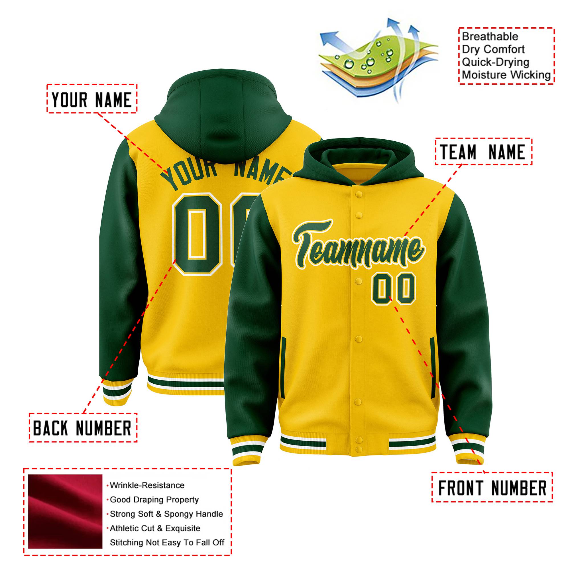 Custom Gold Green Raglan Sleeves Varsity Full-Snap Letterman Two Tone Hoodie Jacket